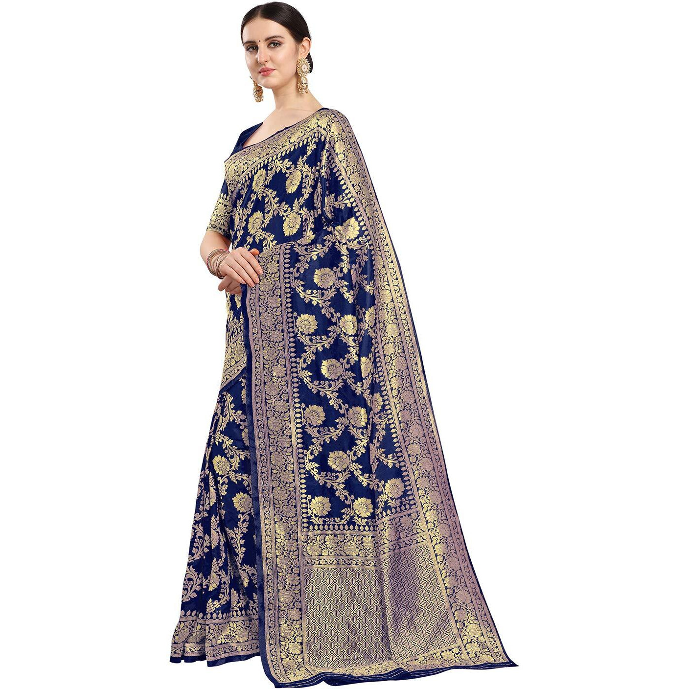 EthnicJunction Womens Banarasi Silk Blend Woven Saree With Blouse Piece (EJ6008-1015-Cherry-Navy_Navy Blue)