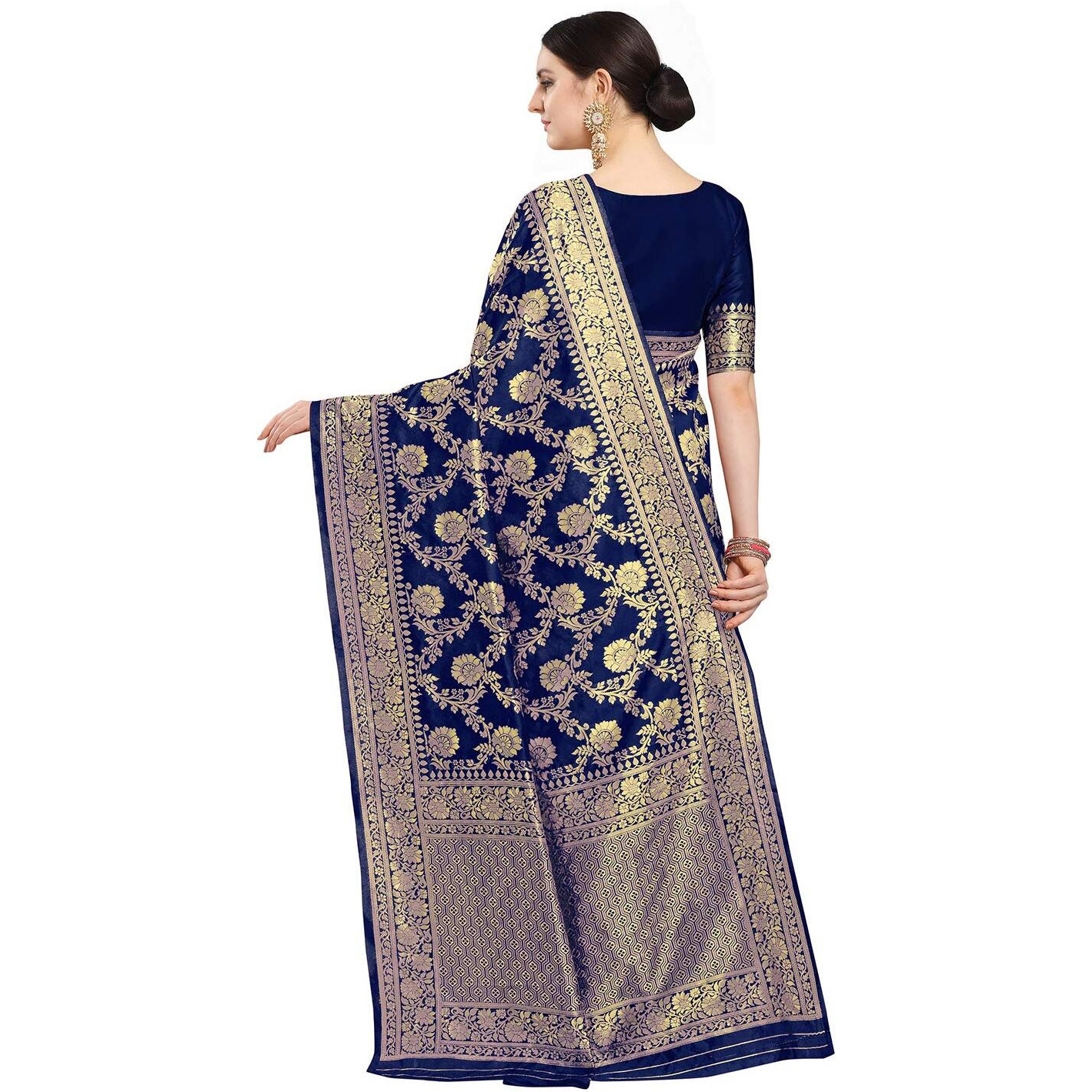 EthnicJunction Womens Banarasi Silk Blend Woven Saree With Blouse Piece (EJ6008-1015-Cherry-Navy_Navy Blue)
