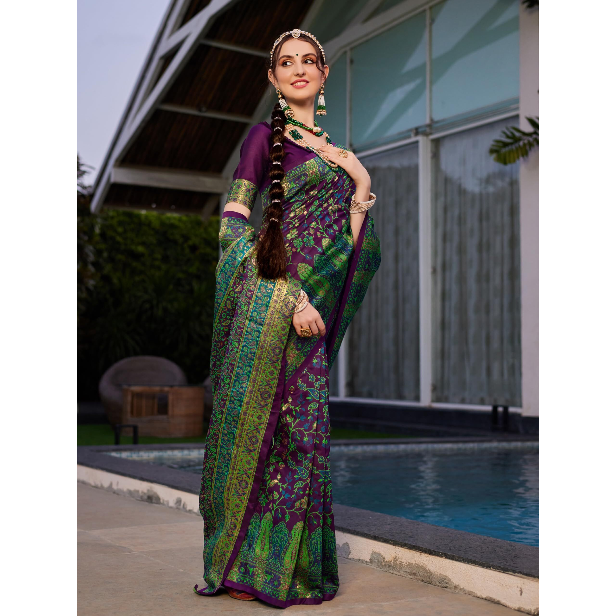 EthnicJunction Womens Silk Blend Navy Blue Woven Saree With Blouse Piece