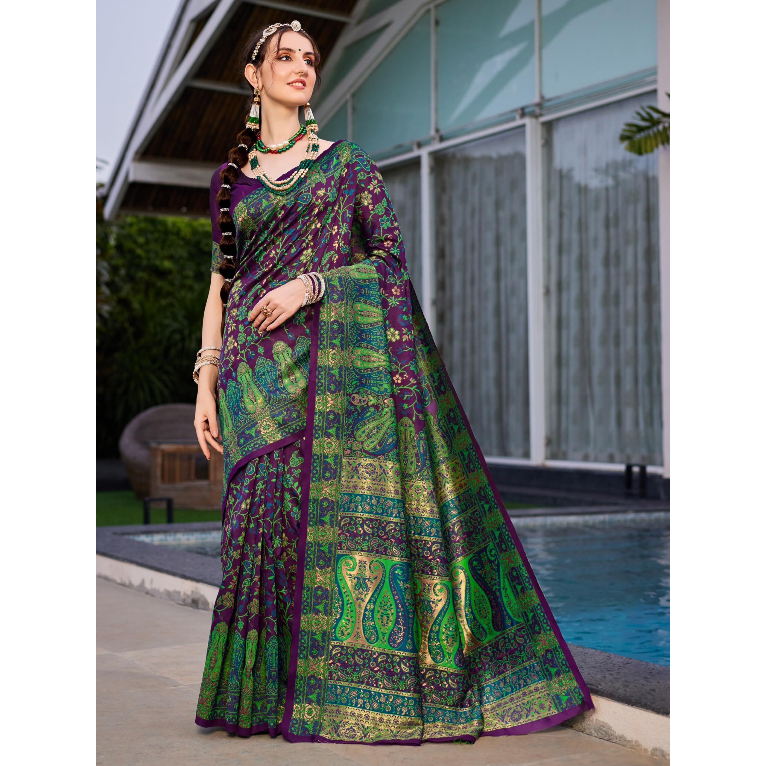 EthnicJunction Womens Silk Blend Navy Blue Woven Saree With Blouse Piece