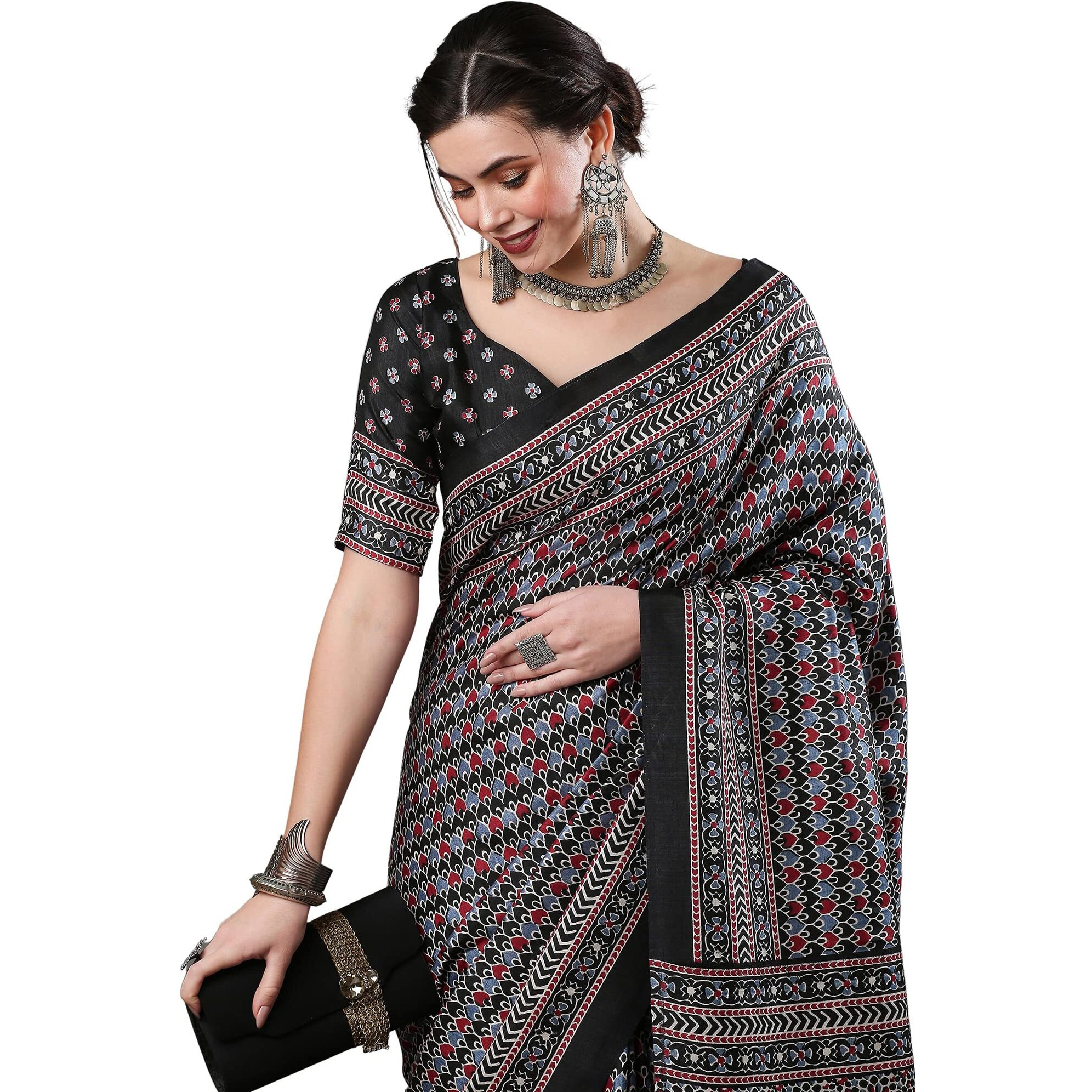 AKHILAM Womens Ajrak Block Print Dola Silk Saree With Unstitched Blouse Piece (Black_KUMRN208)