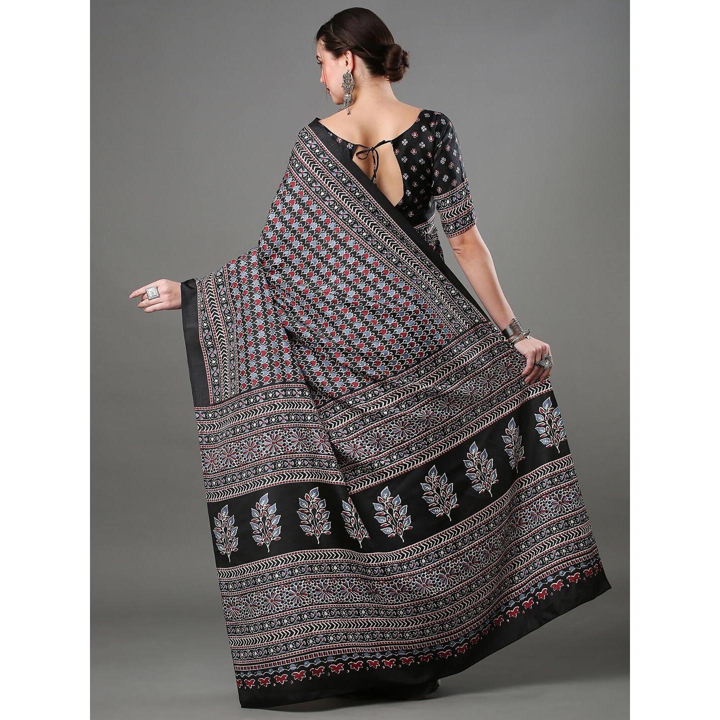 AKHILAM Womens Ajrak Block Print Dola Silk Saree With Unstitched Blouse Piece (Black_KUMRN208)