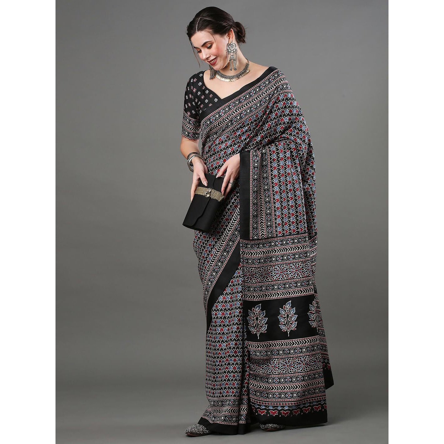 AKHILAM Womens Ajrak Block Print Dola Silk Saree With Unstitched Blouse Piece (Black_KUMRN208)