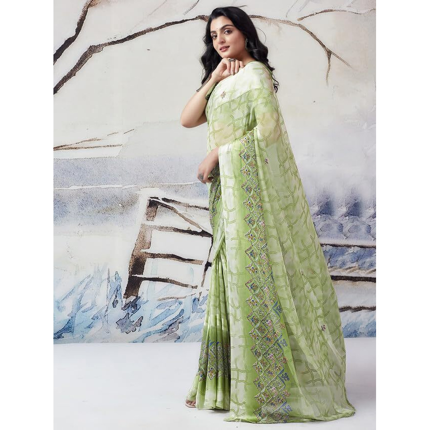 Satrani Womens Pure Georgette Saree (3633S109N_Pista Green)
