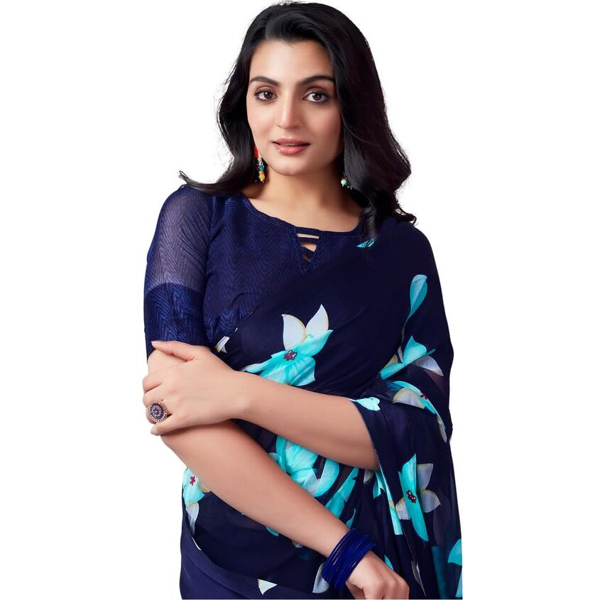 Satrani Womens Pure Georgette Saree (3633S103N_Navy Blue & Multi)