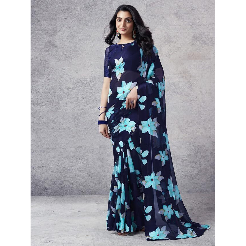 Satrani Womens Pure Georgette Saree (3633S103N_Navy Blue & Multi)