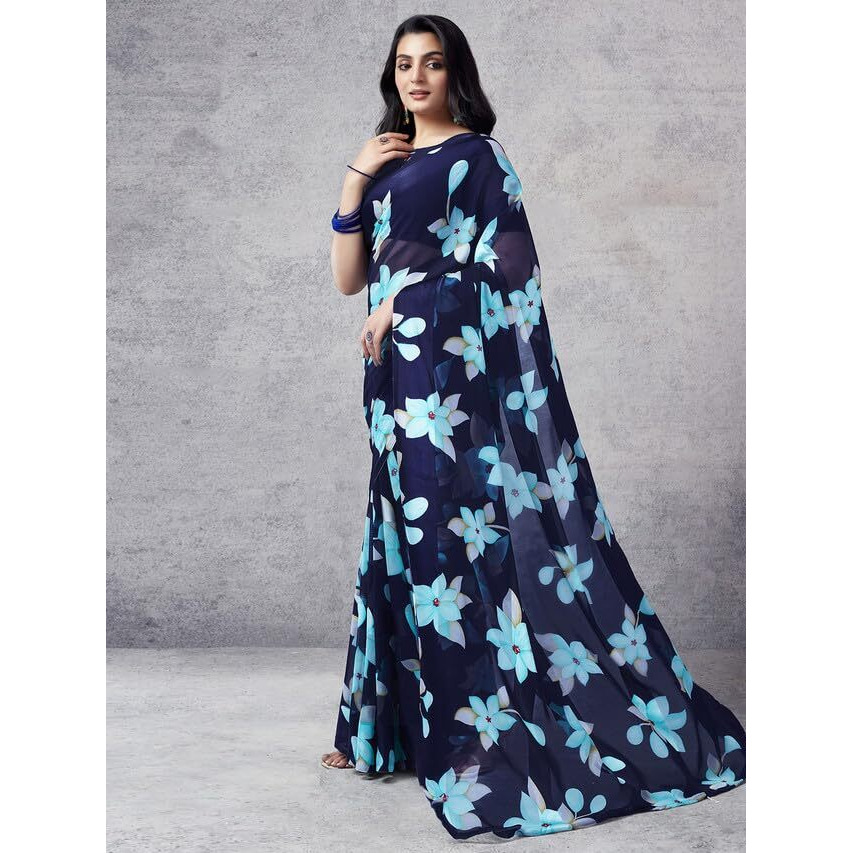 Satrani Womens Pure Georgette Saree (3633S103N_Navy Blue & Multi)