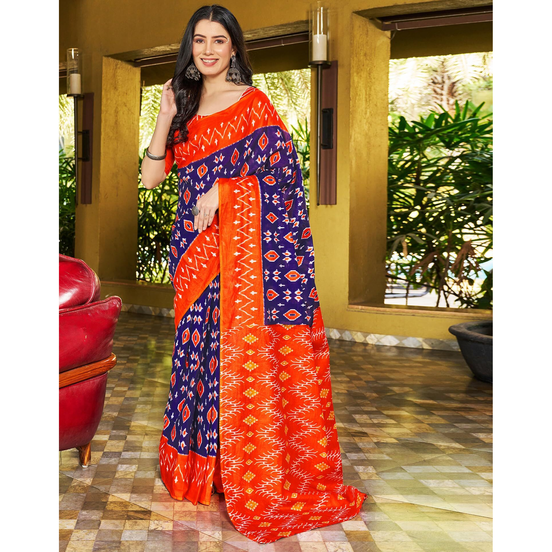 SIRIL Womens Cotton Printed Ready To Wear Saree With Unstitched Blouse Piece (3391S293_orange & Blue)