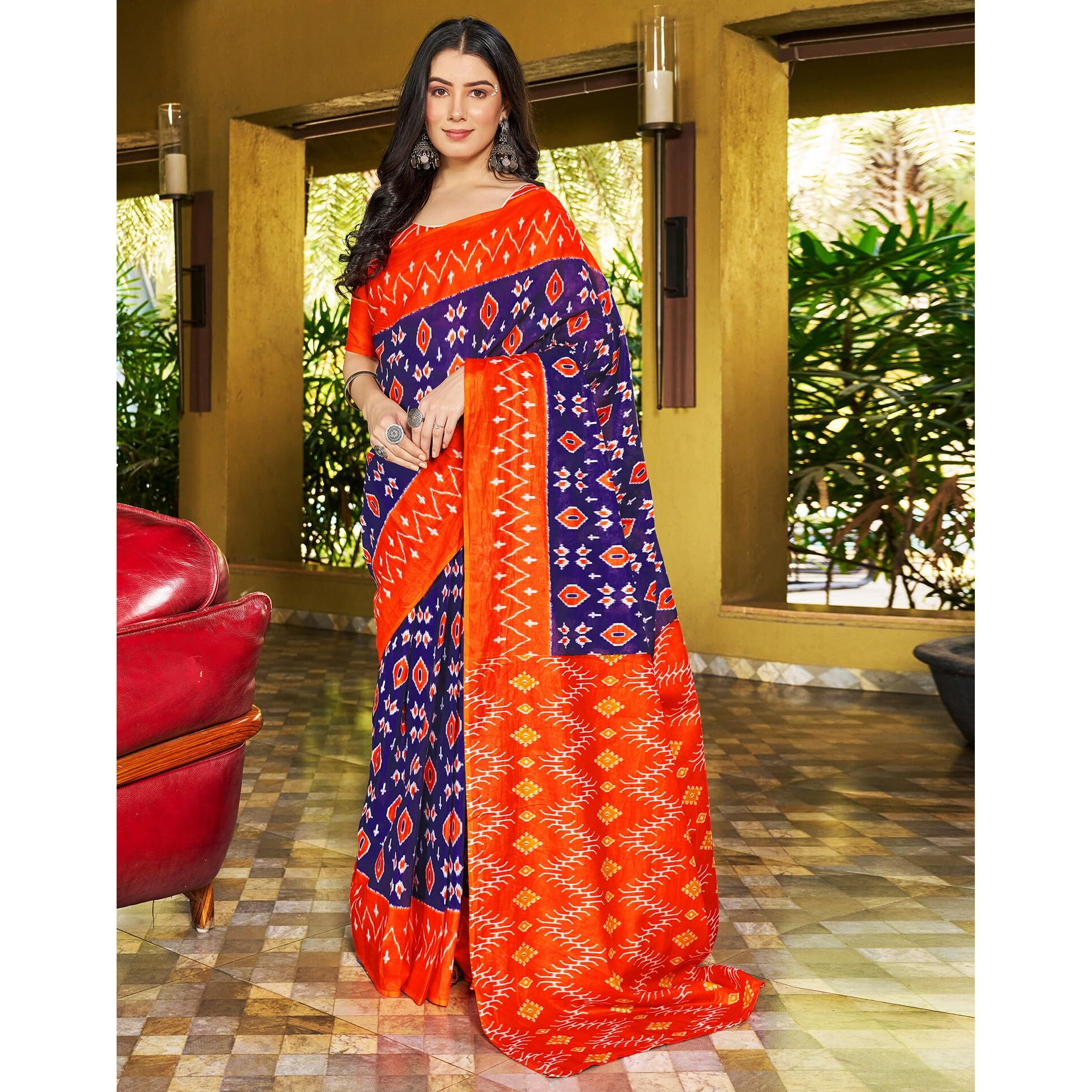 SIRIL Womens Cotton Printed Ready To Wear Saree With Unstitched Blouse Piece (3391S293_orange & Blue)