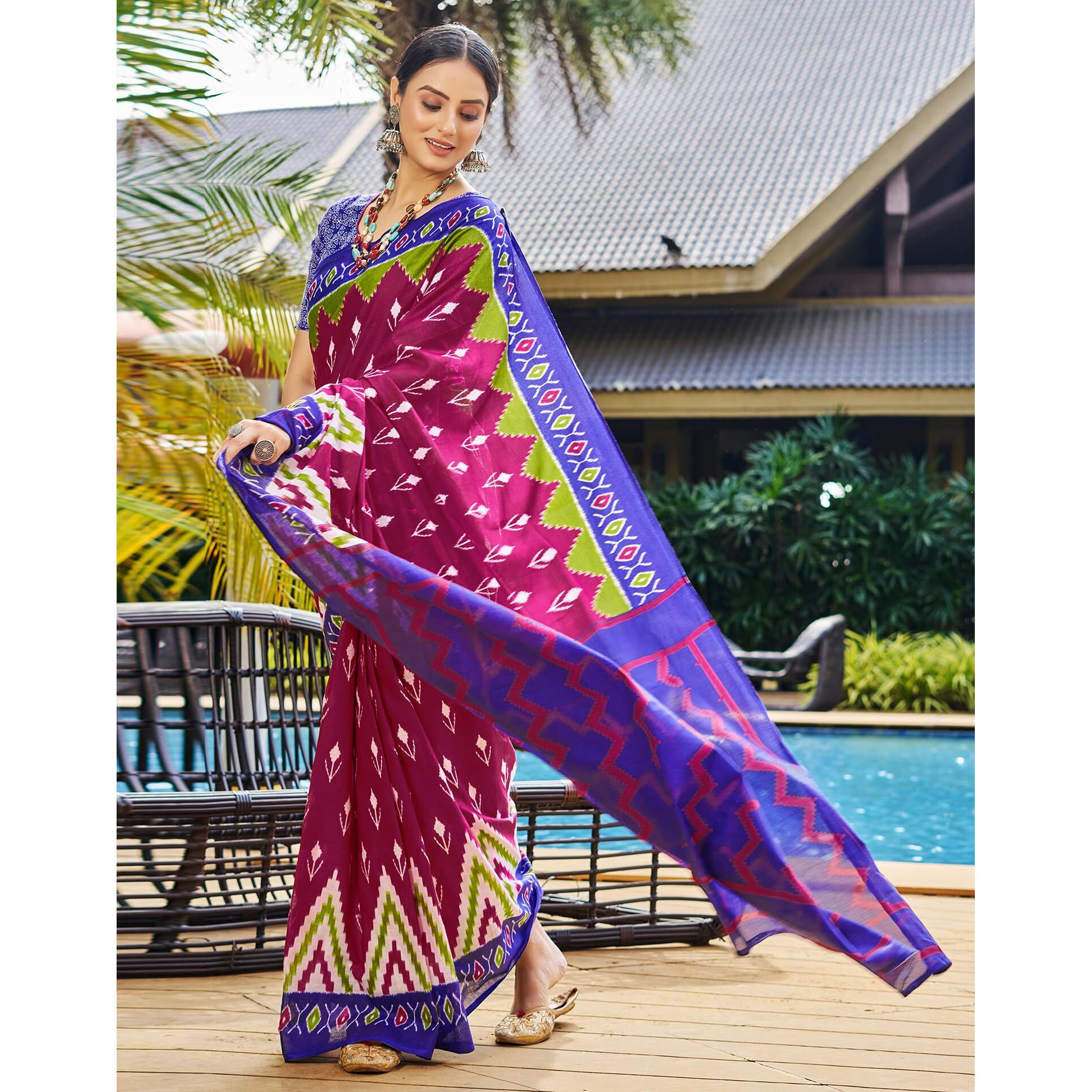SIRIL Womens Cotton Printed Ready To Wear Saree With Unstitched Blouse Piece (3394S306_Wine)