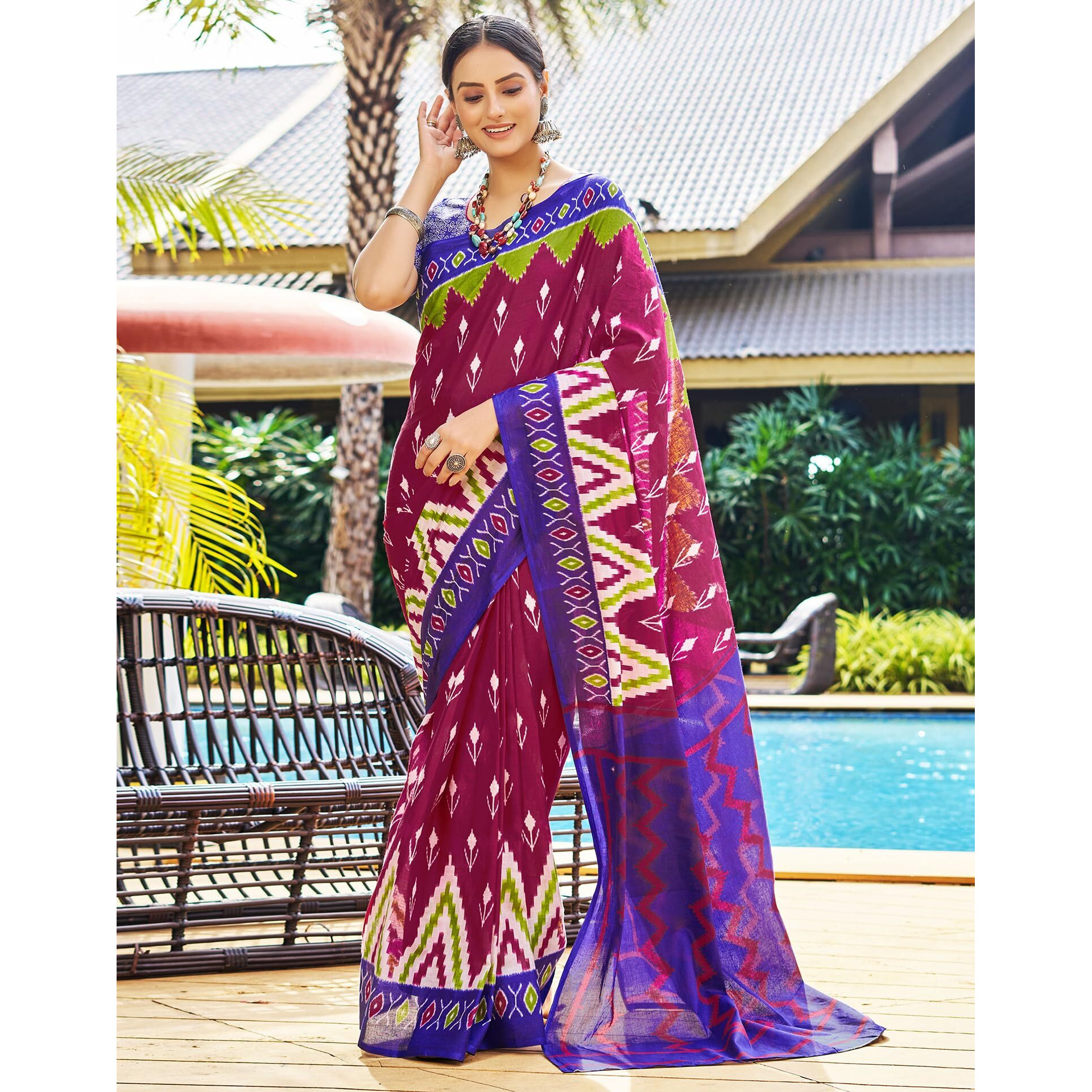 SIRIL Womens Cotton Printed Ready To Wear Saree With Unstitched Blouse Piece (3394S306_Wine)