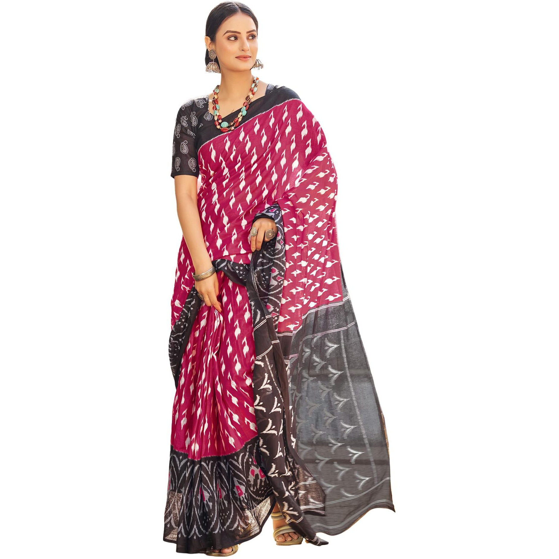 SIRIL Womens Cotton Printed Ready To Wear Saree With Unstitched Blouse Piece (3394S304_Black & Pink)