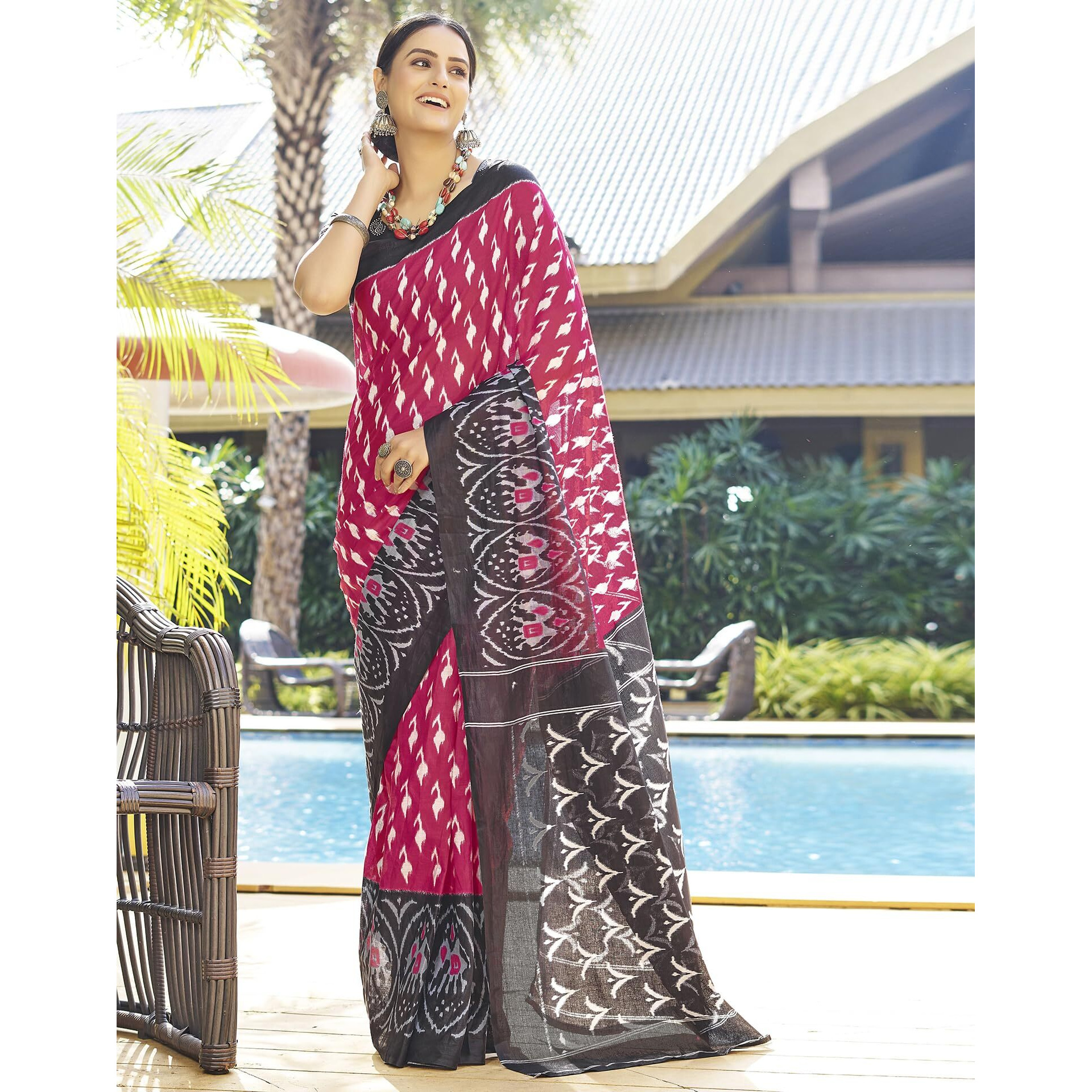 SIRIL Womens Cotton Printed Ready To Wear Saree With Unstitched Blouse Piece (3394S304_Black & Pink)