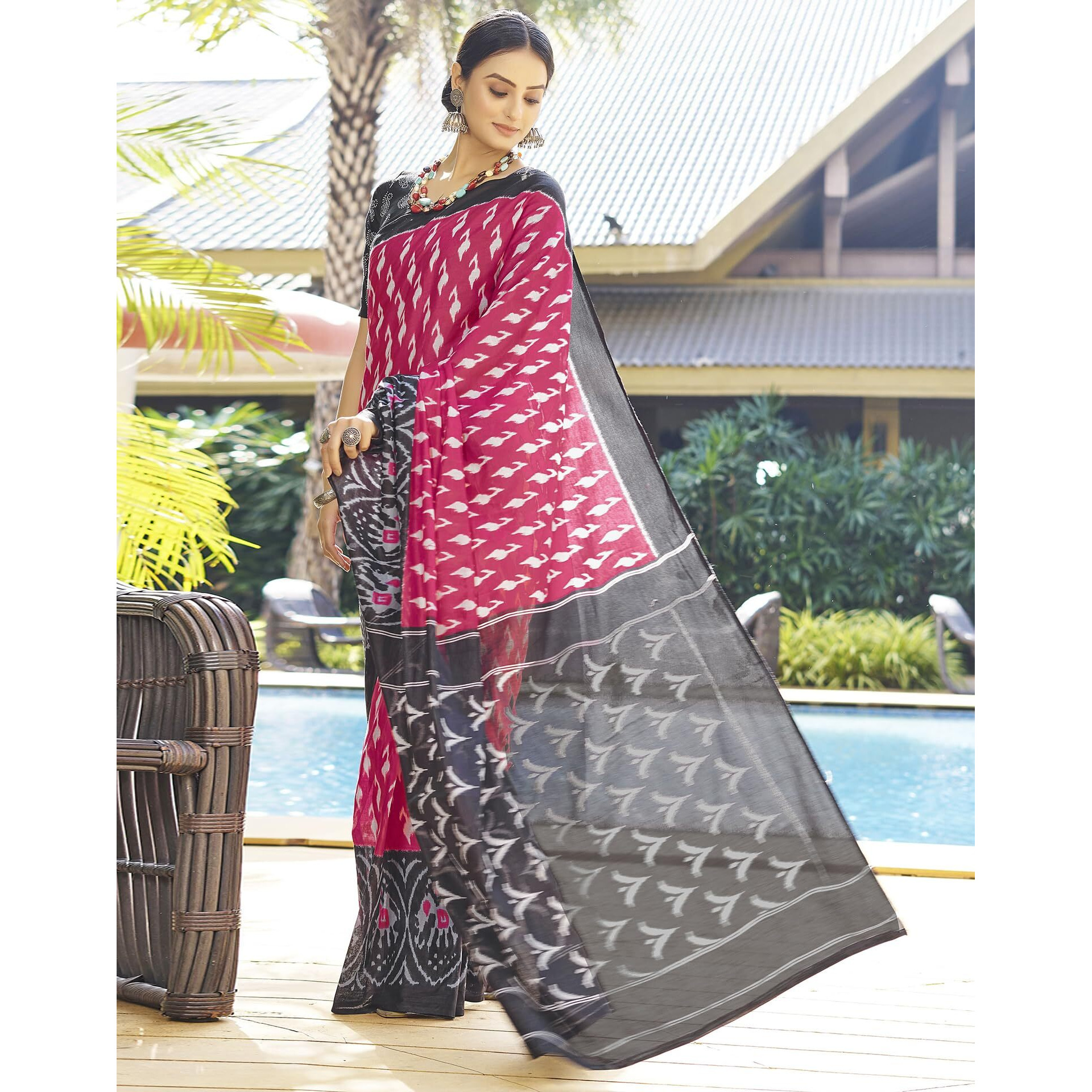 SIRIL Womens Cotton Printed Ready To Wear Saree With Unstitched Blouse Piece (3394S304_Black & Pink)