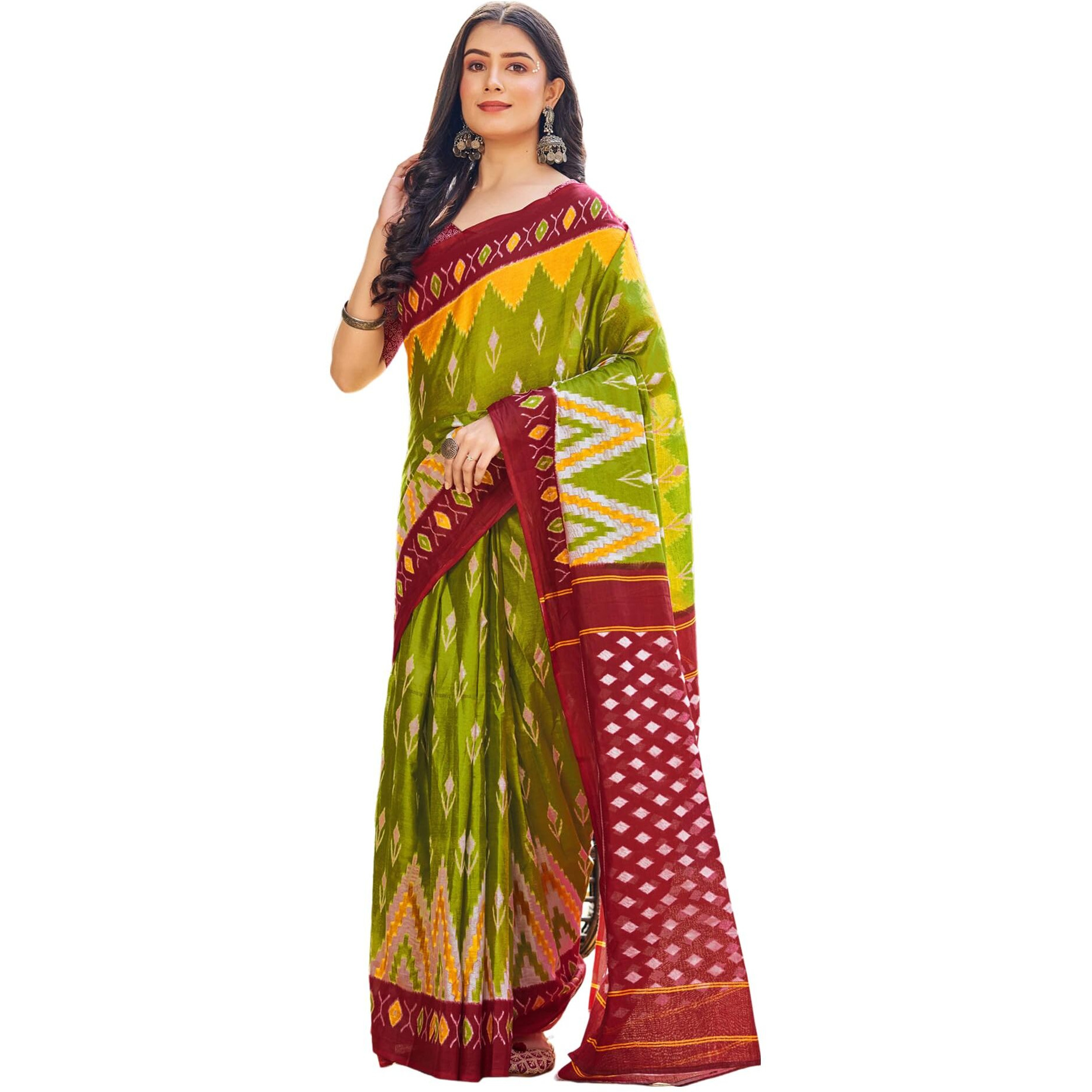 SIRIL Womens Cotton Printed Ready To Wear Saree With Unstitched Blouse Piece (3394S305_Red & Green)