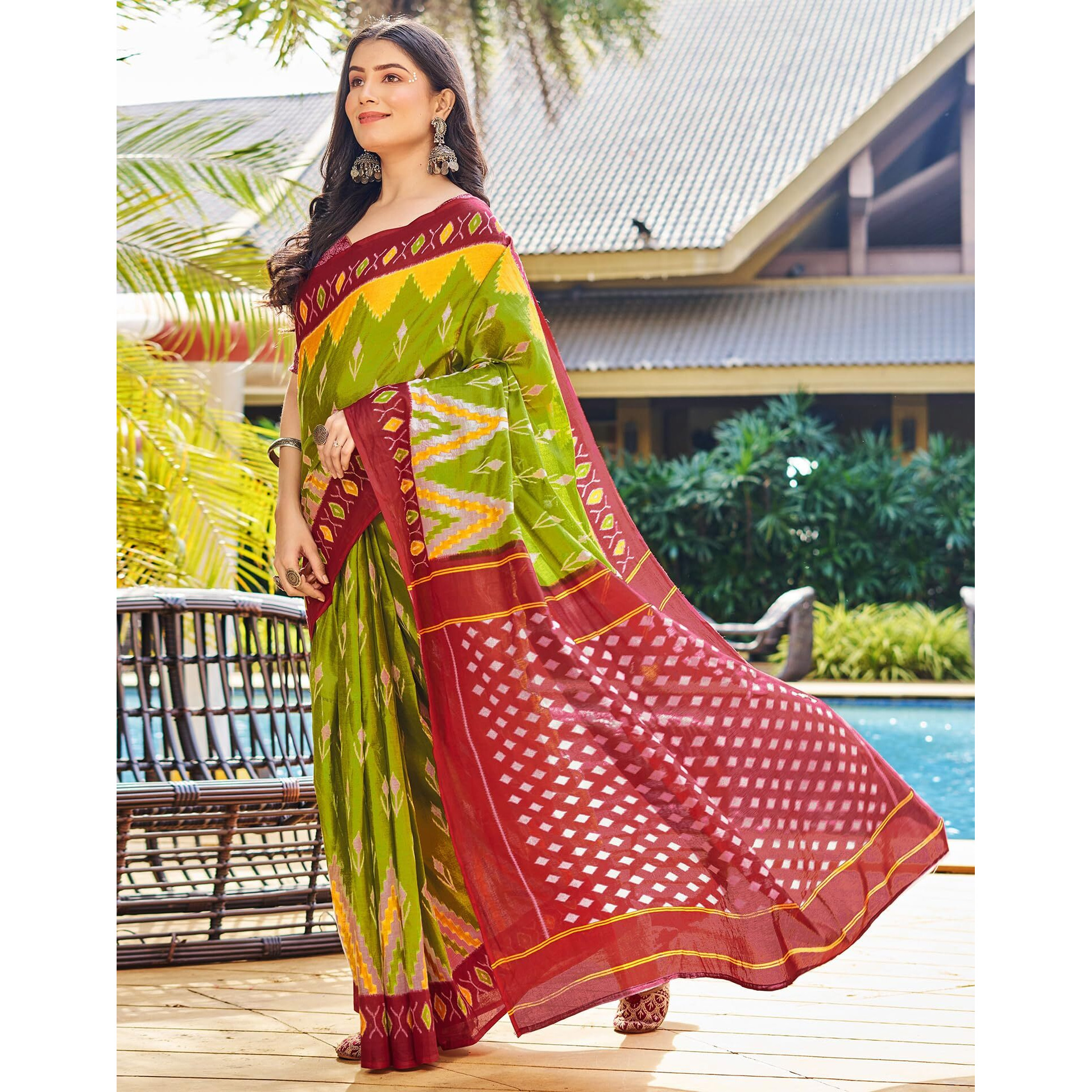 SIRIL Womens Cotton Printed Ready To Wear Saree With Unstitched Blouse Piece (3394S305_Red & Green)