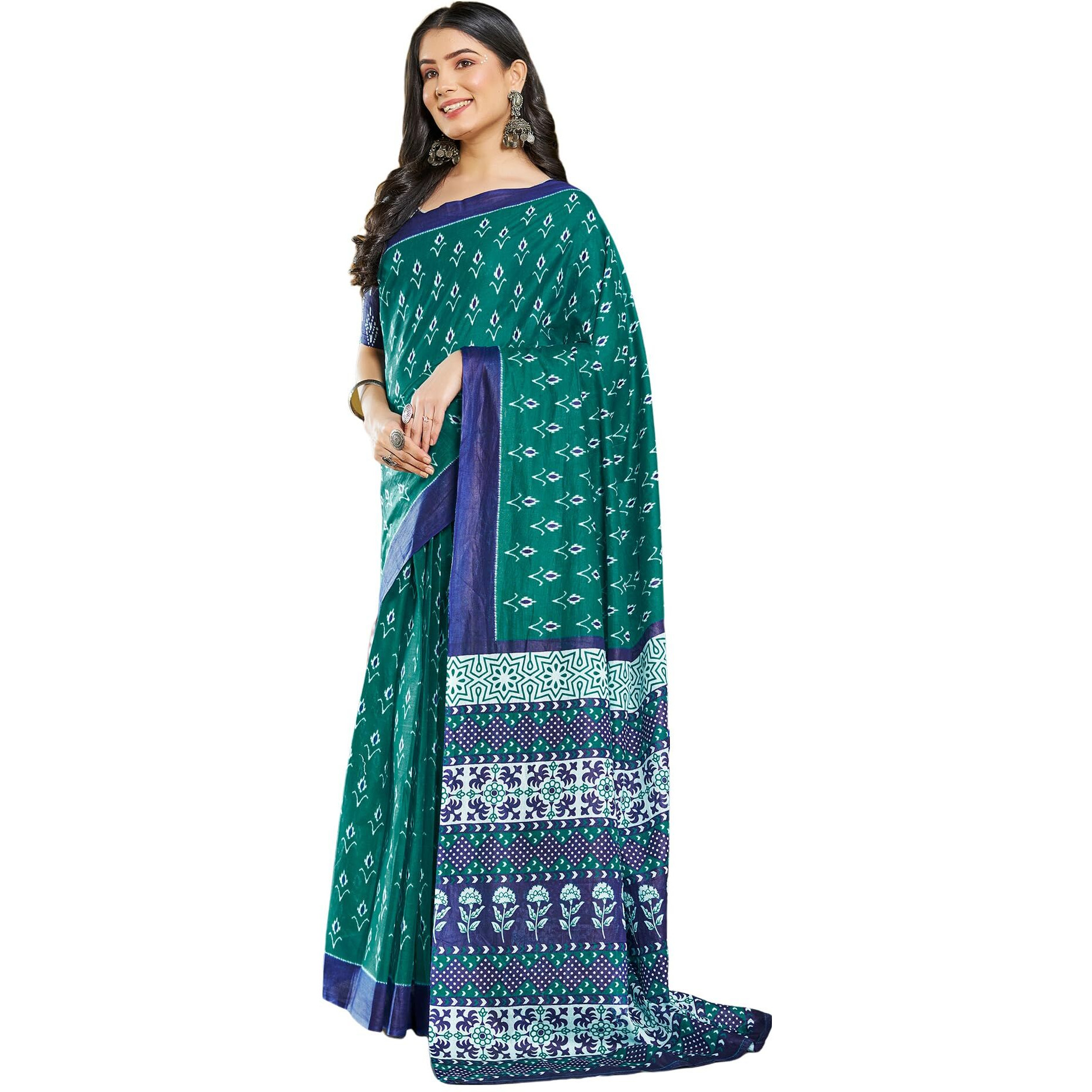 SIRIL Womens Cotton Printed Ready To Wear Saree With Unstitched Blouse Piece (3391S296_Rama Green)
