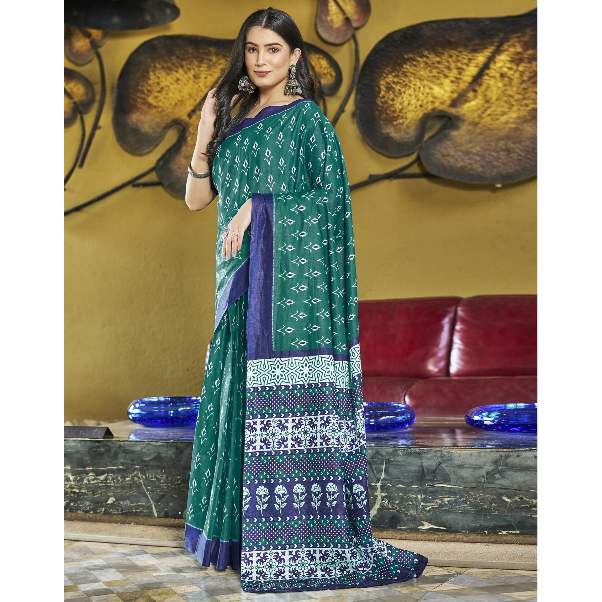 SIRIL Womens Cotton Printed Ready To Wear Saree With Unstitched Blouse Piece (3391S296_Rama Green)
