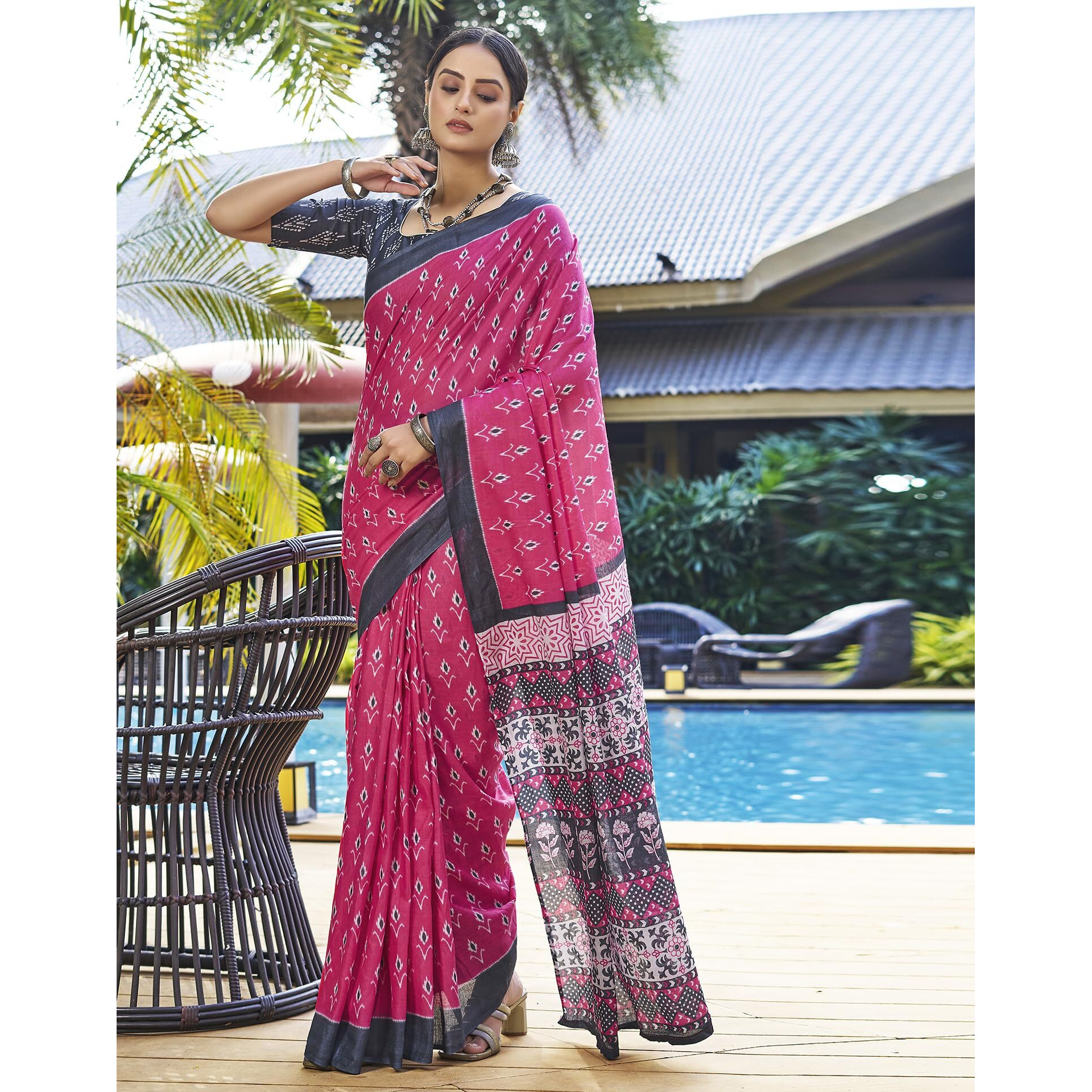 SIRIL Womens Cotton Printed Ready To Wear Saree With Unstitched Blouse Piece (3391S291_Pink)