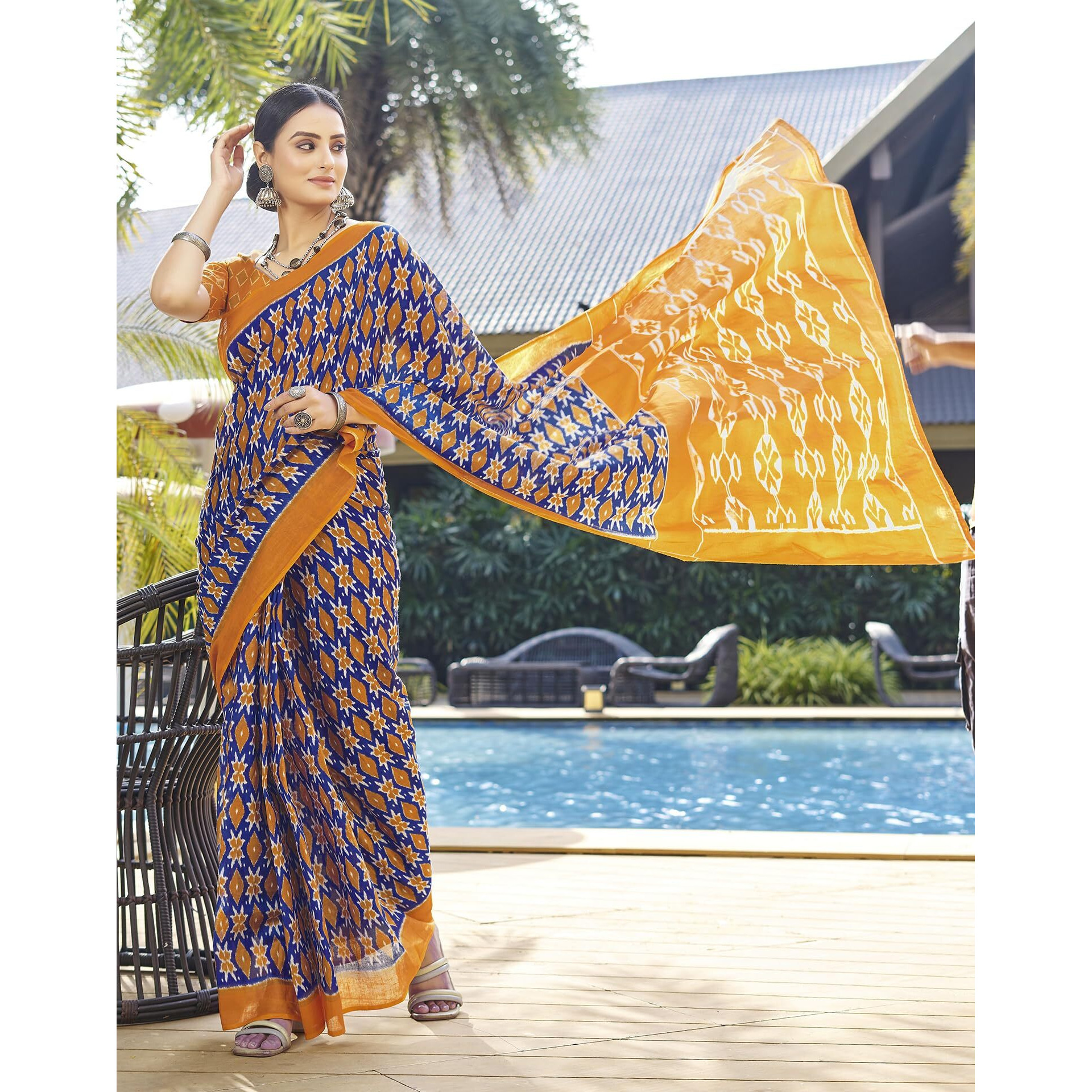 SIRIL Womens Cotton Printed Ready To Wear Saree With Unstitched Blouse Piece (3394S301_Orange & Blue)