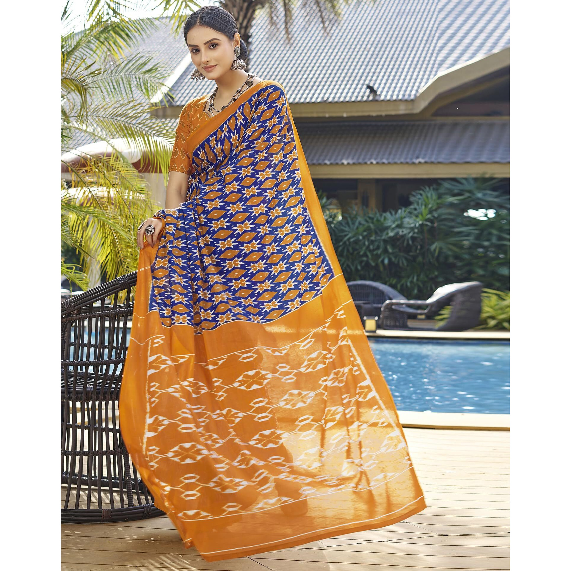 SIRIL Womens Cotton Printed Ready To Wear Saree With Unstitched Blouse Piece (3394S301_Orange & Blue)