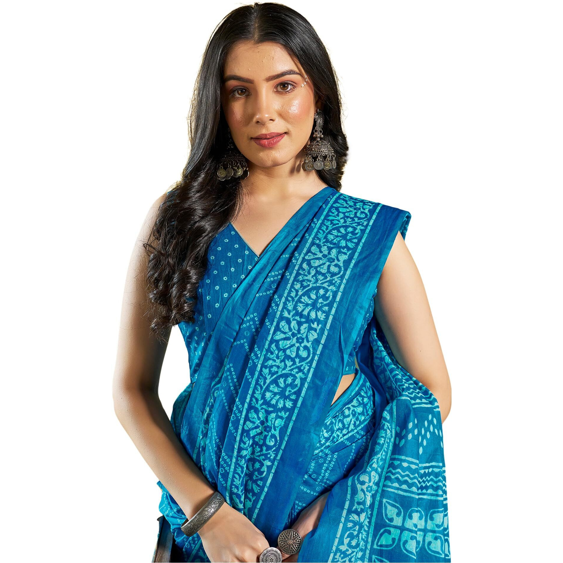 SIRIL Womens Cotton Printed Ready To Wear Saree With Unstitched Blouse Piece (3391S292_Light Blue)