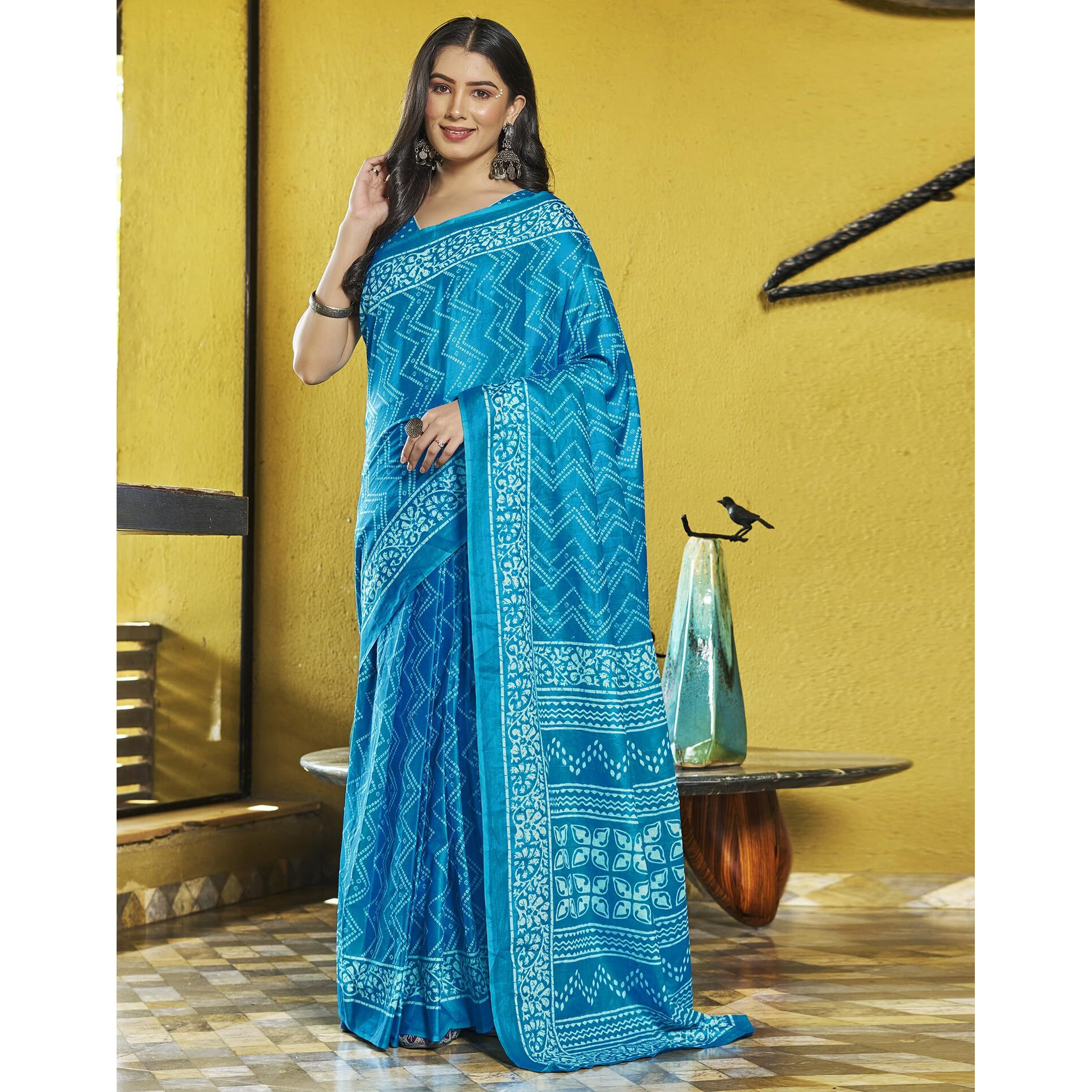SIRIL Womens Cotton Printed Ready To Wear Saree With Unstitched Blouse Piece (3391S292_Light Blue)