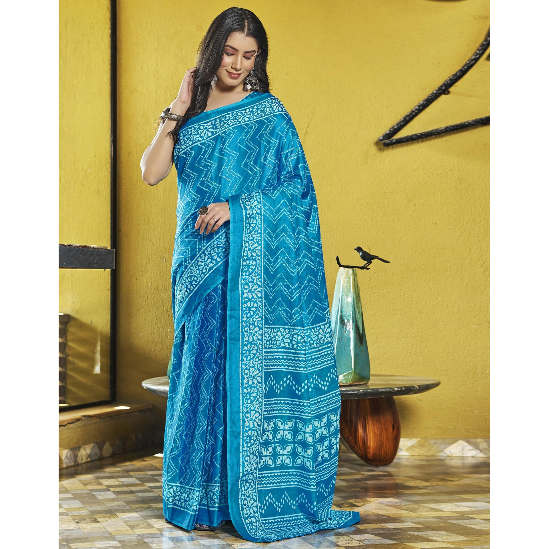 SIRIL Womens Cotton Printed Ready To Wear Saree With Unstitched Blouse Piece (3391S292_Light Blue)