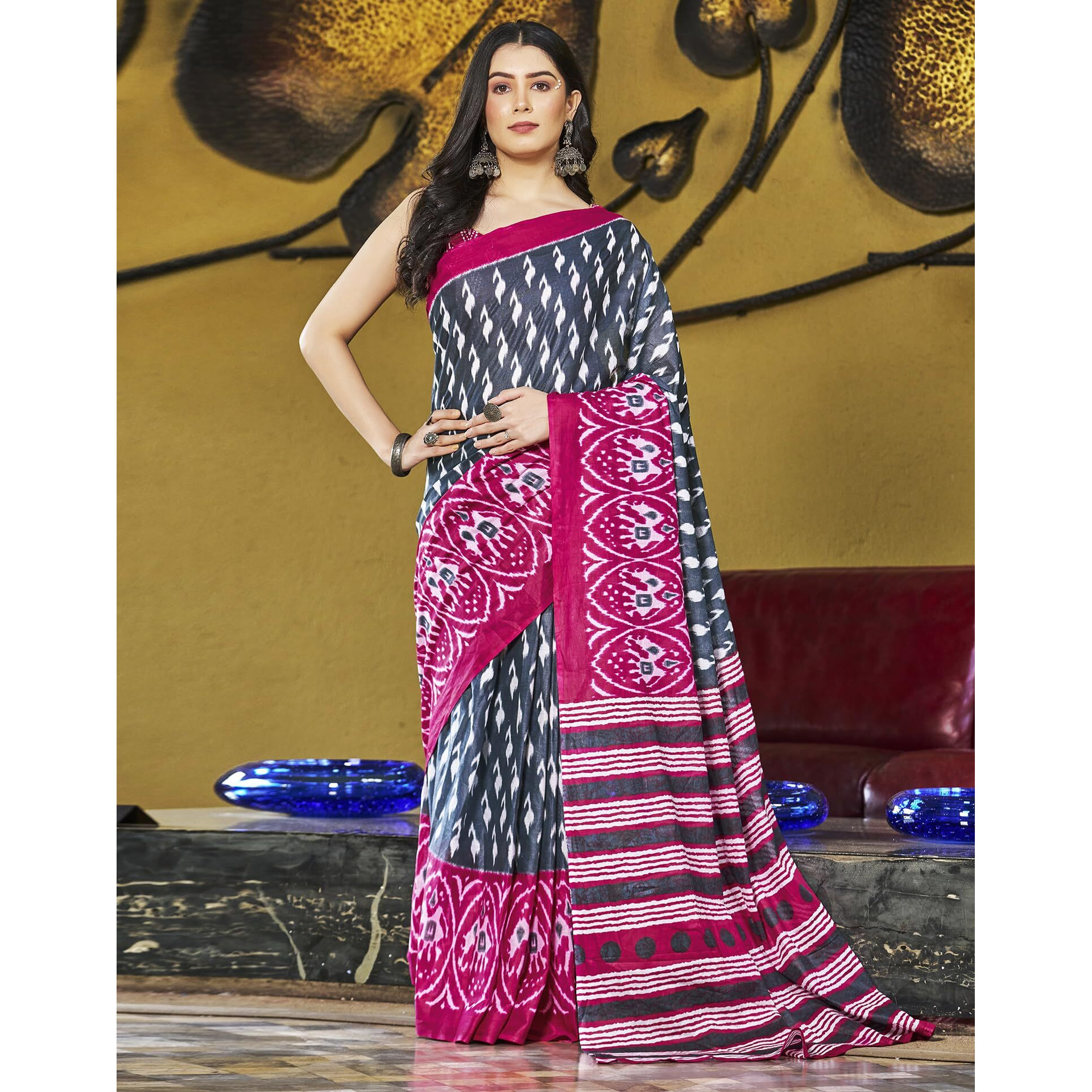 SIRIL Womens Cotton Printed Ready To Wear Saree With Unstitched Blouse Piece (3391S294_Grey & Pink)