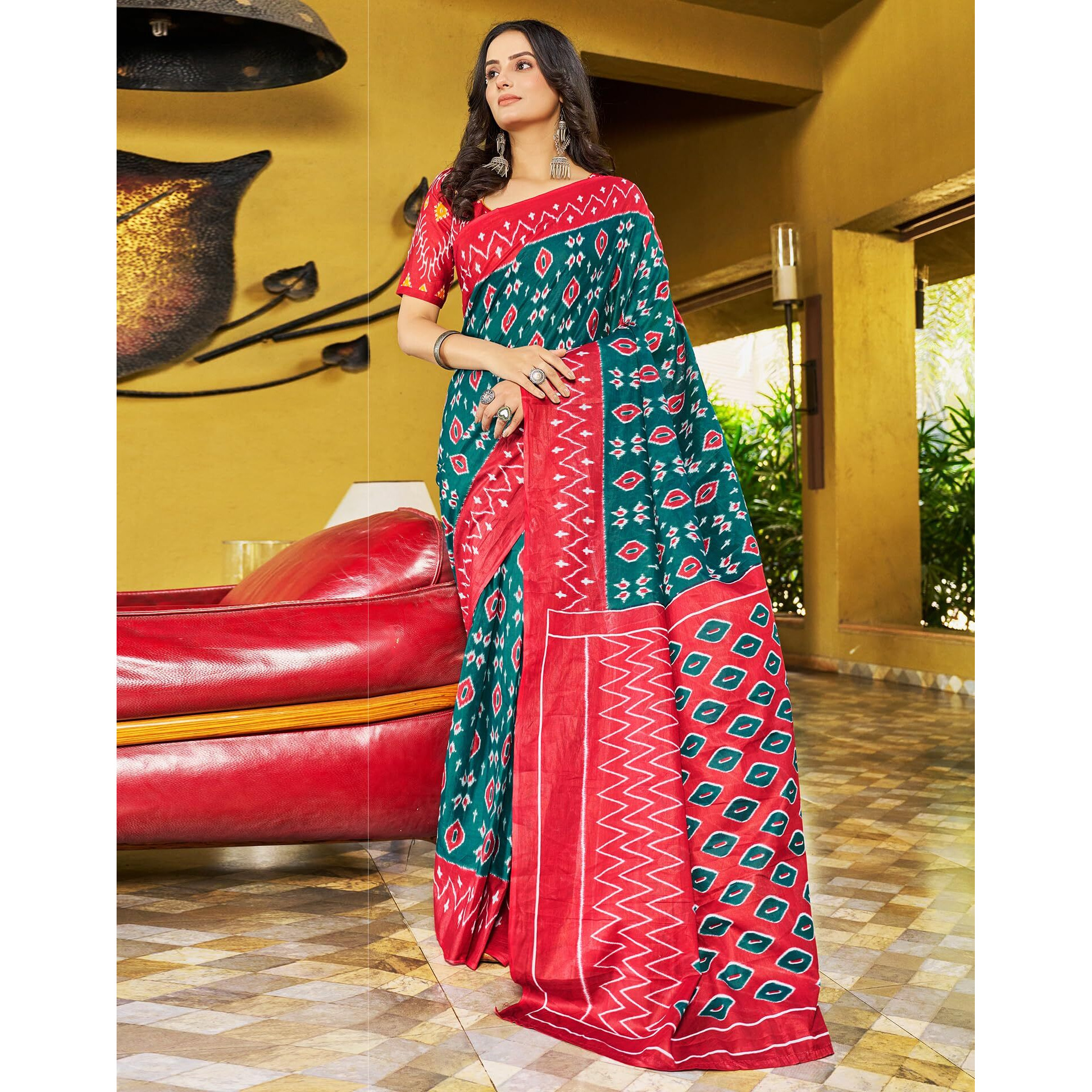 SIRIL Womens Cotton Printed Ready To Wear Saree With Unstitched Blouse Piece (3391S295_Rama & Red)