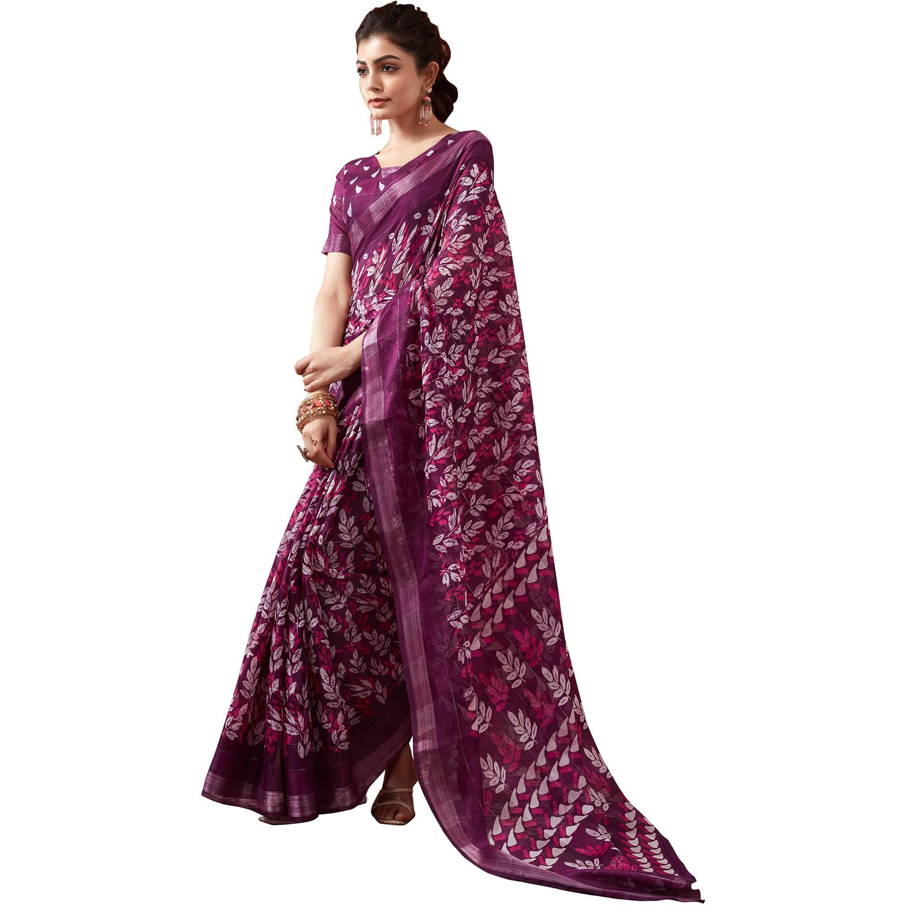 SIRIL Womens Cotton Printed Saree With Unstitched Blouse Piece (3467S1116_Purple)