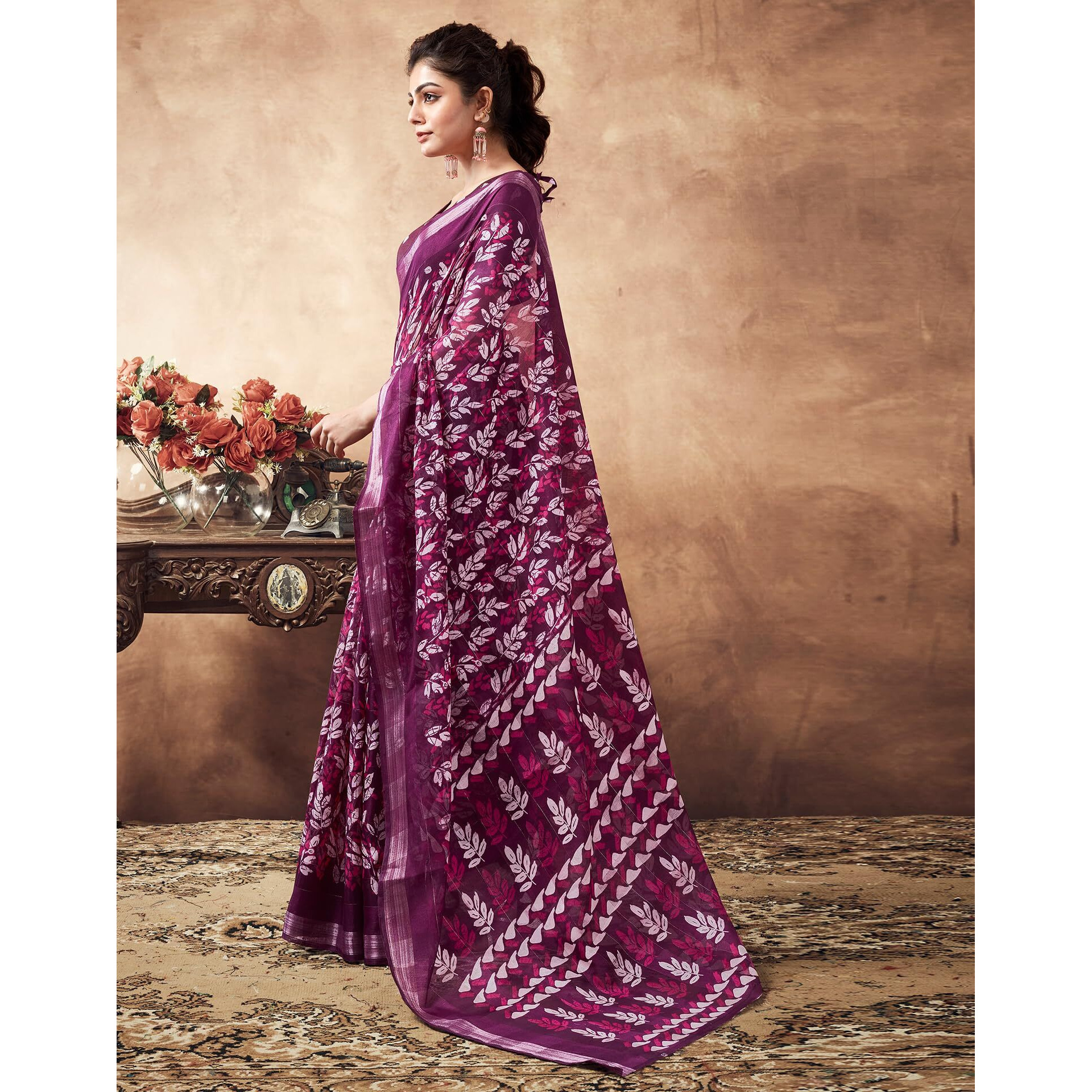 SIRIL Womens Cotton Printed Saree With Unstitched Blouse Piece (3467S1116_Purple)