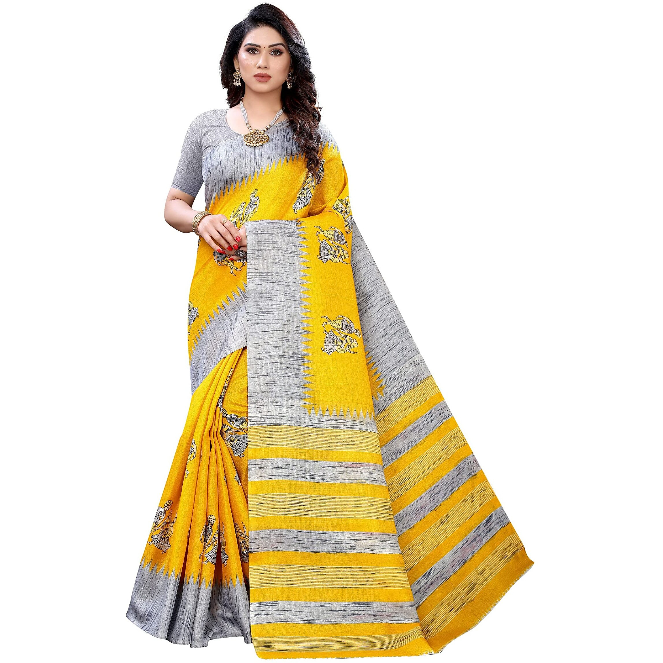 Yashika Womens Art Silk Saree With Blouse Piece (Naurta Yellow_Yellow)