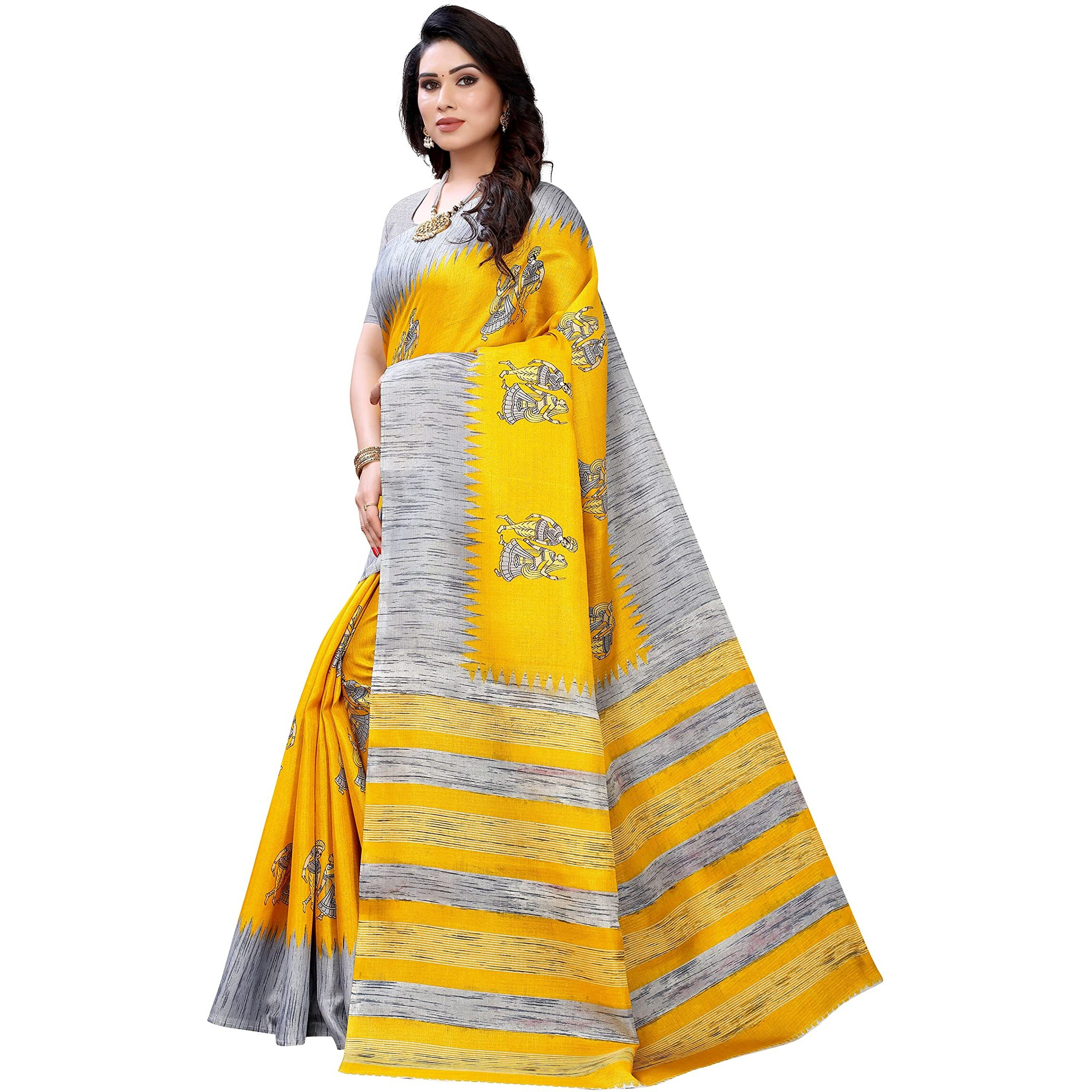 Yashika Womens Art Silk Saree With Blouse Piece (Naurta Yellow_Yellow)