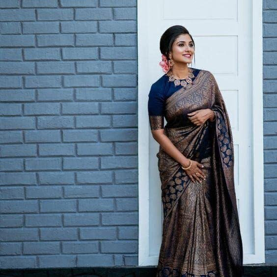 Flosive Womens Present Banarasi Soft Lichi Silk Saree Beautiful Jacquard Rich Pallu Design Work Zari Woven Kanjivaram Silk Style Saree With Soft Lichi Silk Blouse Piece (Blue)