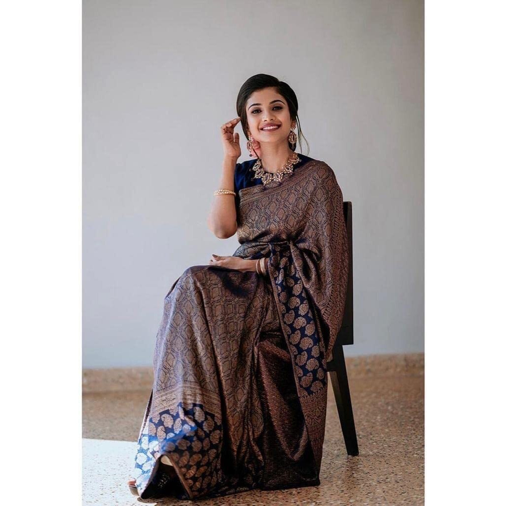 Flosive Womens Present Banarasi Soft Lichi Silk Saree Beautiful Jacquard Rich Pallu Design Work Zari Woven Kanjivaram Silk Style Saree With Soft Lichi Silk Blouse Piece (Blue)