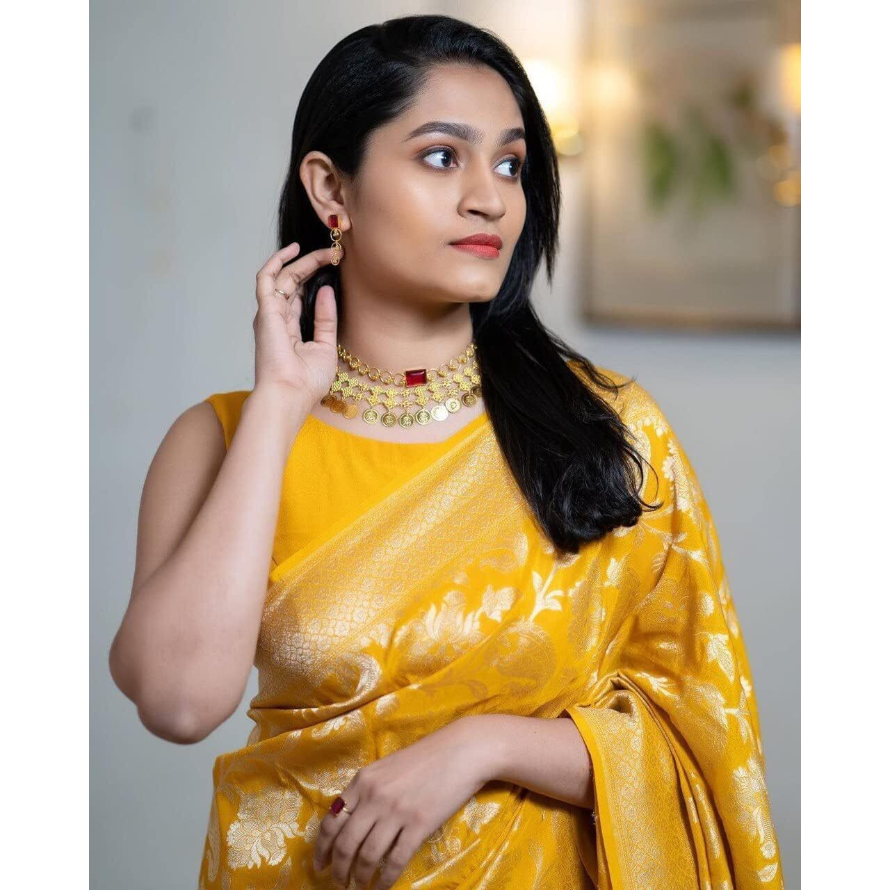 Flosive Womens Present Banarasi Soft Lichi Silk Saree Beautiful Jacquard Rich Pallu Design Work Zari Woven Kanjivaram Silk Style Saree With Soft Lichi Silk Blouse Piece (Yellow)