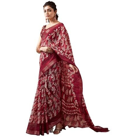 SIRIL Womens Cotton Printed Saree With Unstitched Blouse Piece (3467S1117_Dark Red)
