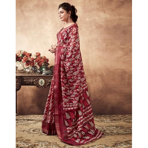 SIRIL Womens Cotton Printed Saree With Unstitched Blouse Piece (3467S1117_Dark Red)