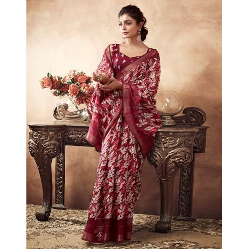 SIRIL Womens Cotton Printed Saree With Unstitched Blouse Piece (3467S1117_Dark Red)