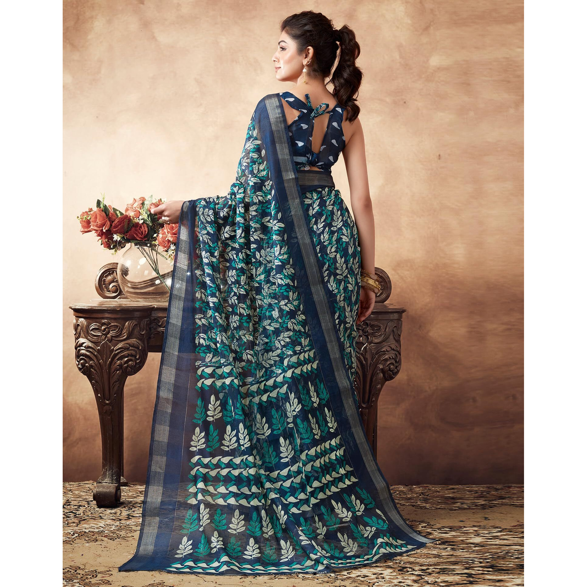 SIRIL Womens Cotton Printed Saree With Unstitched Blouse Piece (3467S1118_Teal Blue)