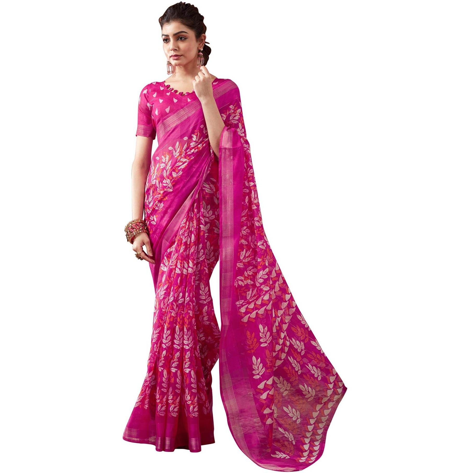 SIRIL Womens Cotton Printed Saree With Unstitched Blouse Piece (3467S1115_Pink)