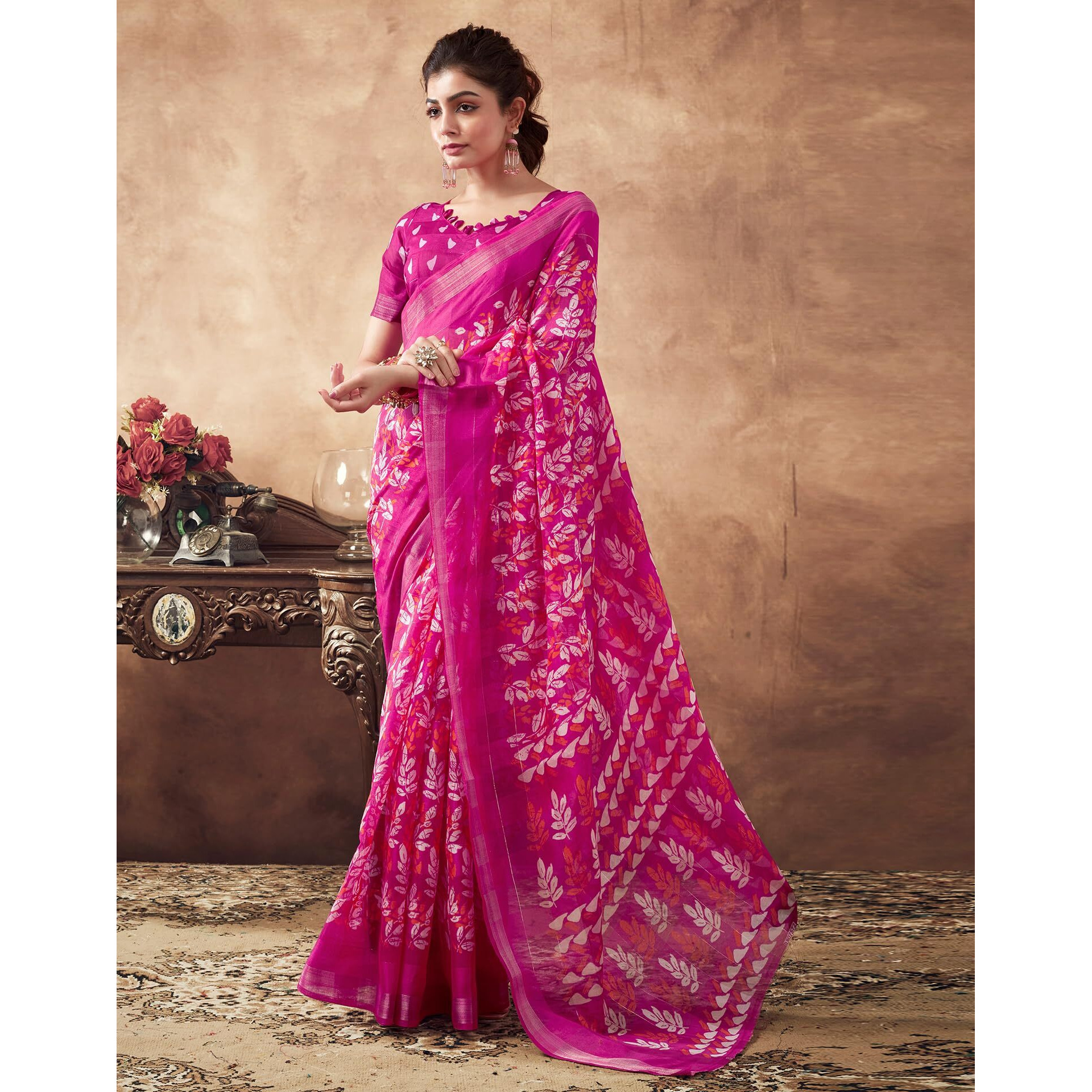 SIRIL Womens Cotton Printed Saree With Unstitched Blouse Piece (3467S1115_Pink)