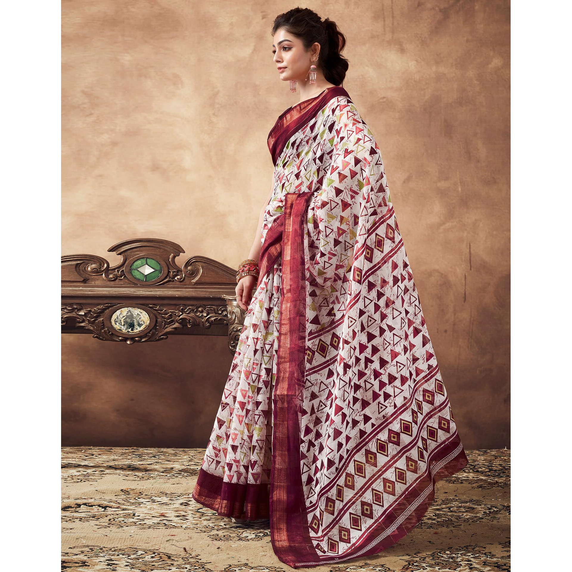 SIRIL Womens Cotton Geometric Printed Saree With Unstitched Blouse Piece (3467S1111_Maroon)