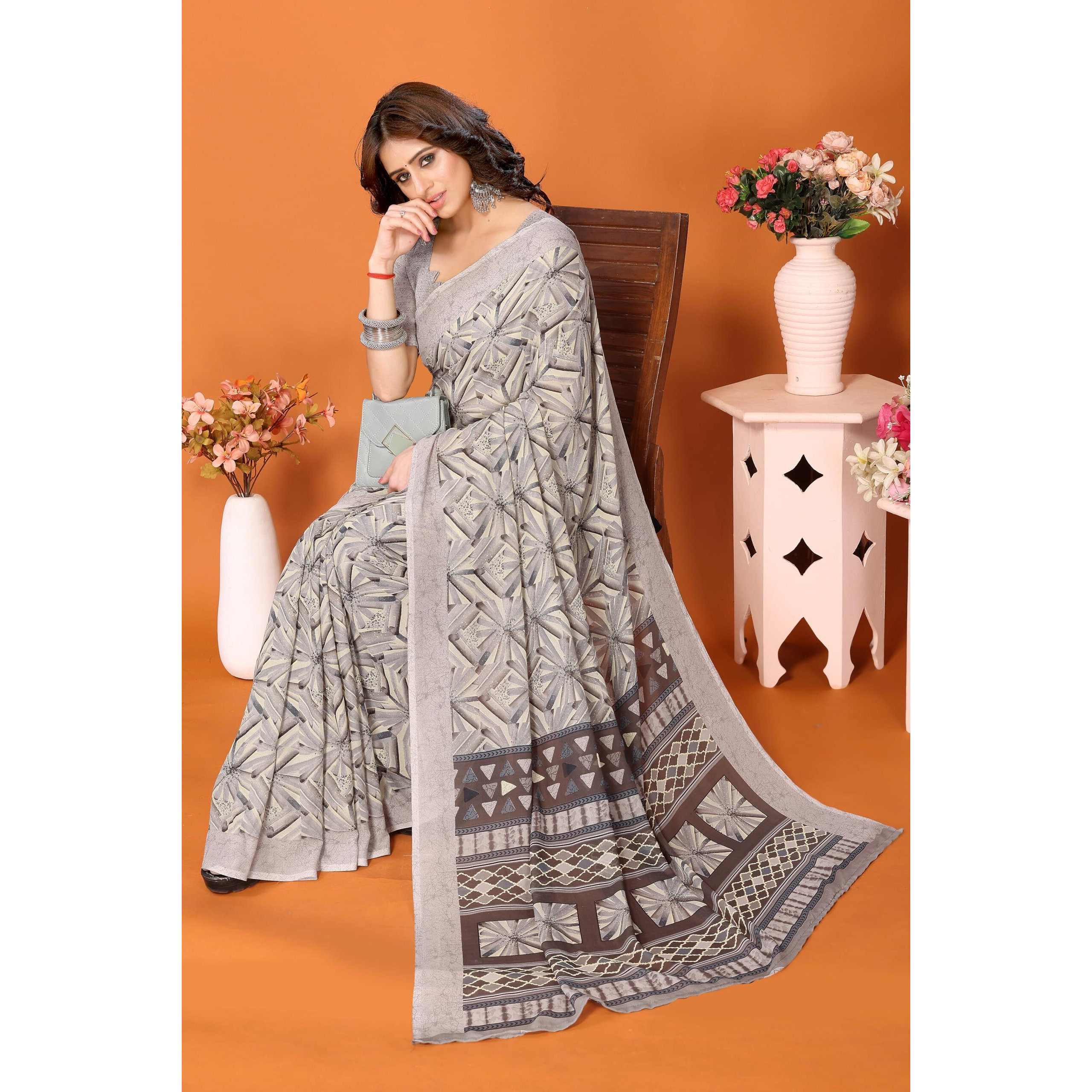 Yashika Womens Trendy Georgette Brown Color Saree with Blouse Material(BABLI BROWN)