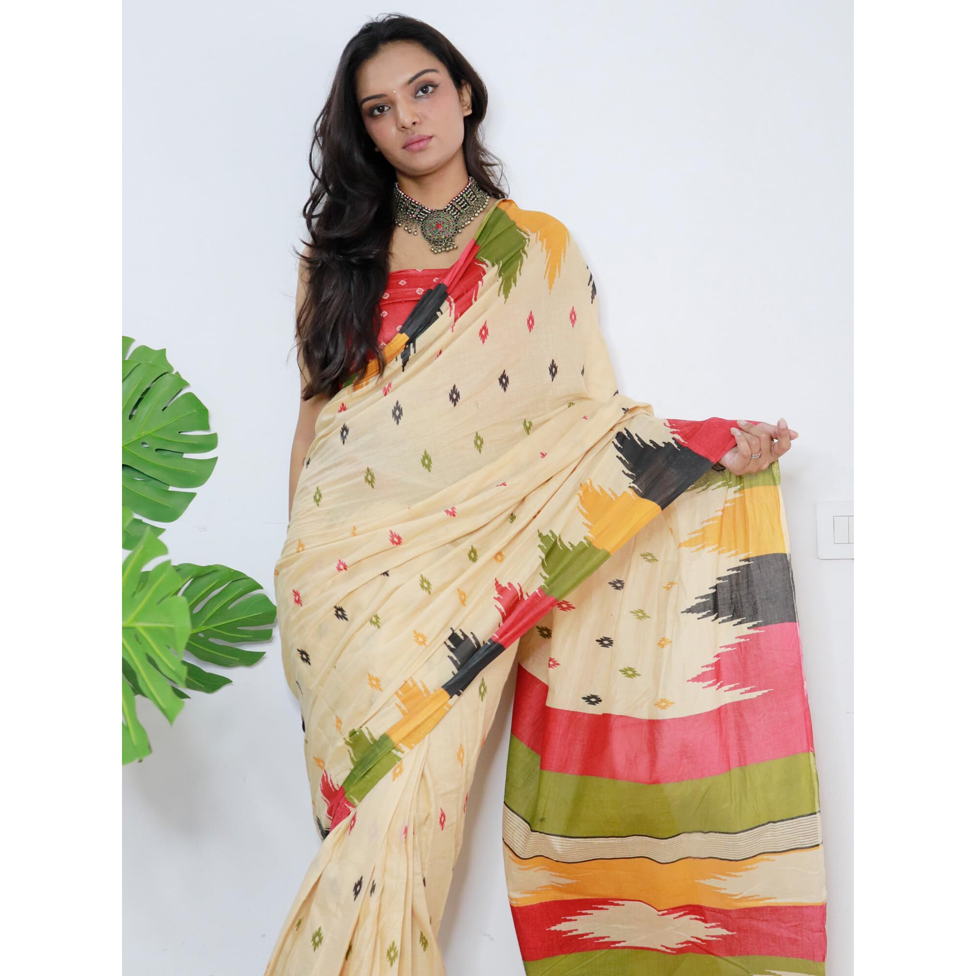 AKHILAM Womens Bagh Printed Pure Cotton Ready To Wear one Minute Saree With Unstitched Blouse Piece (cream_RTWMINAXI7008_SMC)