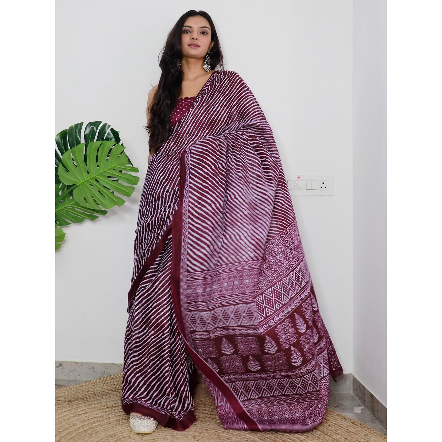 AKHILAM Womens Leheriya Printed Pure Cotton Ready To Wear one Minute Saree With Unstitched Blouse Piece (Magenta_RTWMINAXI9008_SMC)