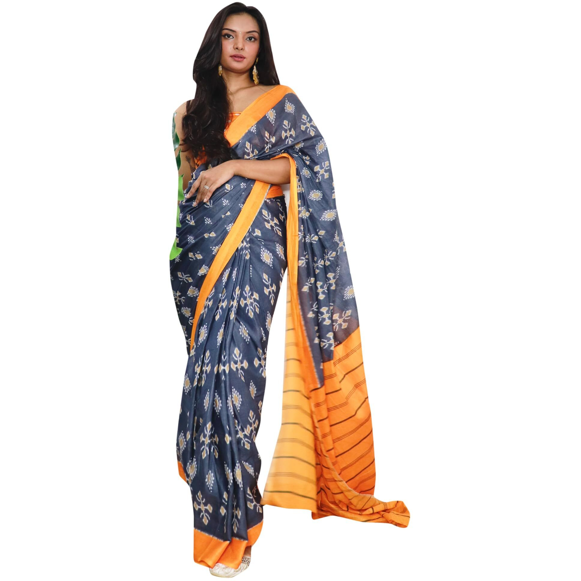 AKHILAM Womens Ikat Printed Pure Cotton Ready To Wear one Minute Saree With Unstitched Blouse Piece