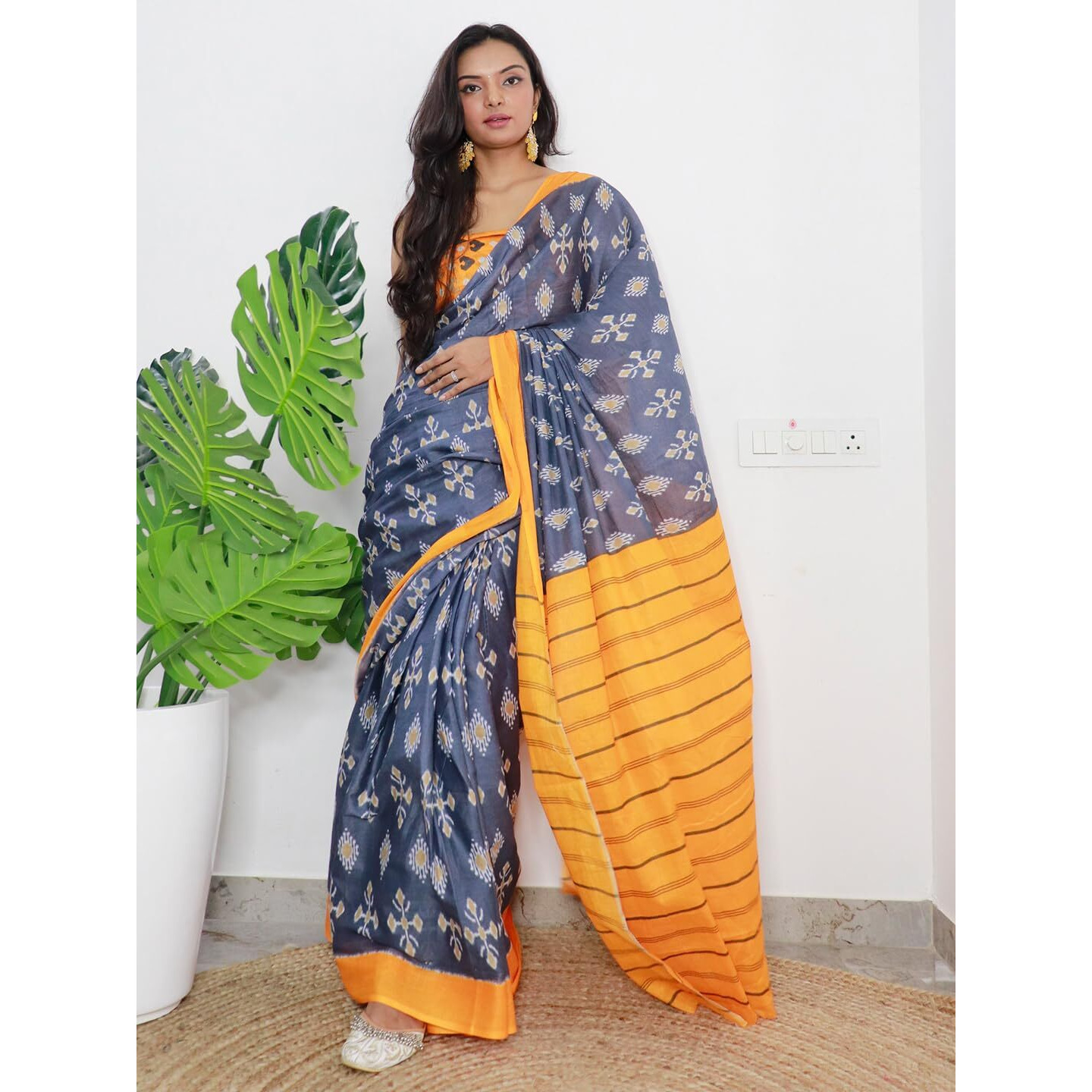 AKHILAM Womens Ikat Printed Pure Cotton Ready To Wear one Minute Saree With Unstitched Blouse Piece