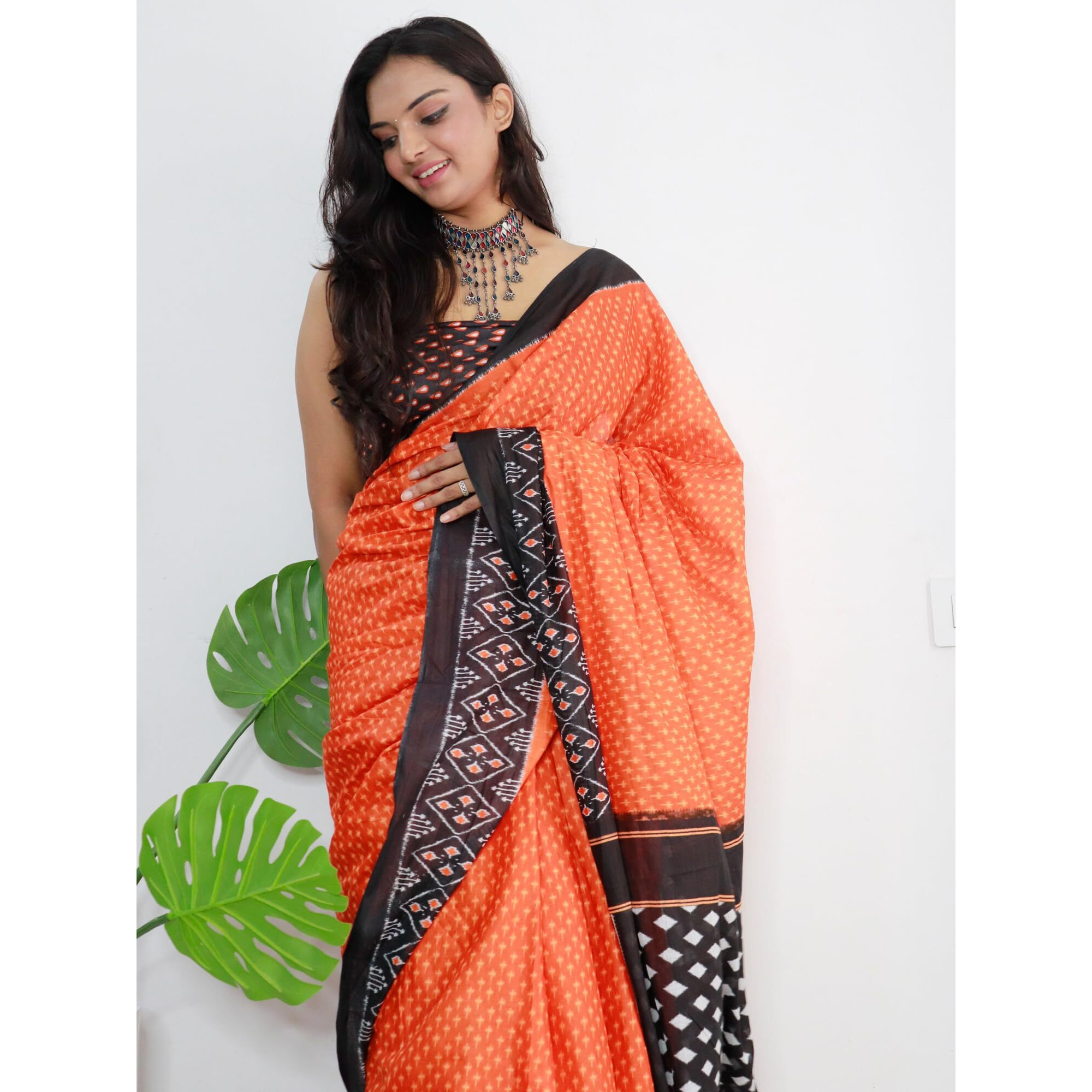 AKHILAM Womens Bagh Printed Pure Cotton Ready To Wear one Minute Saree With Unstitched Blouse Piece